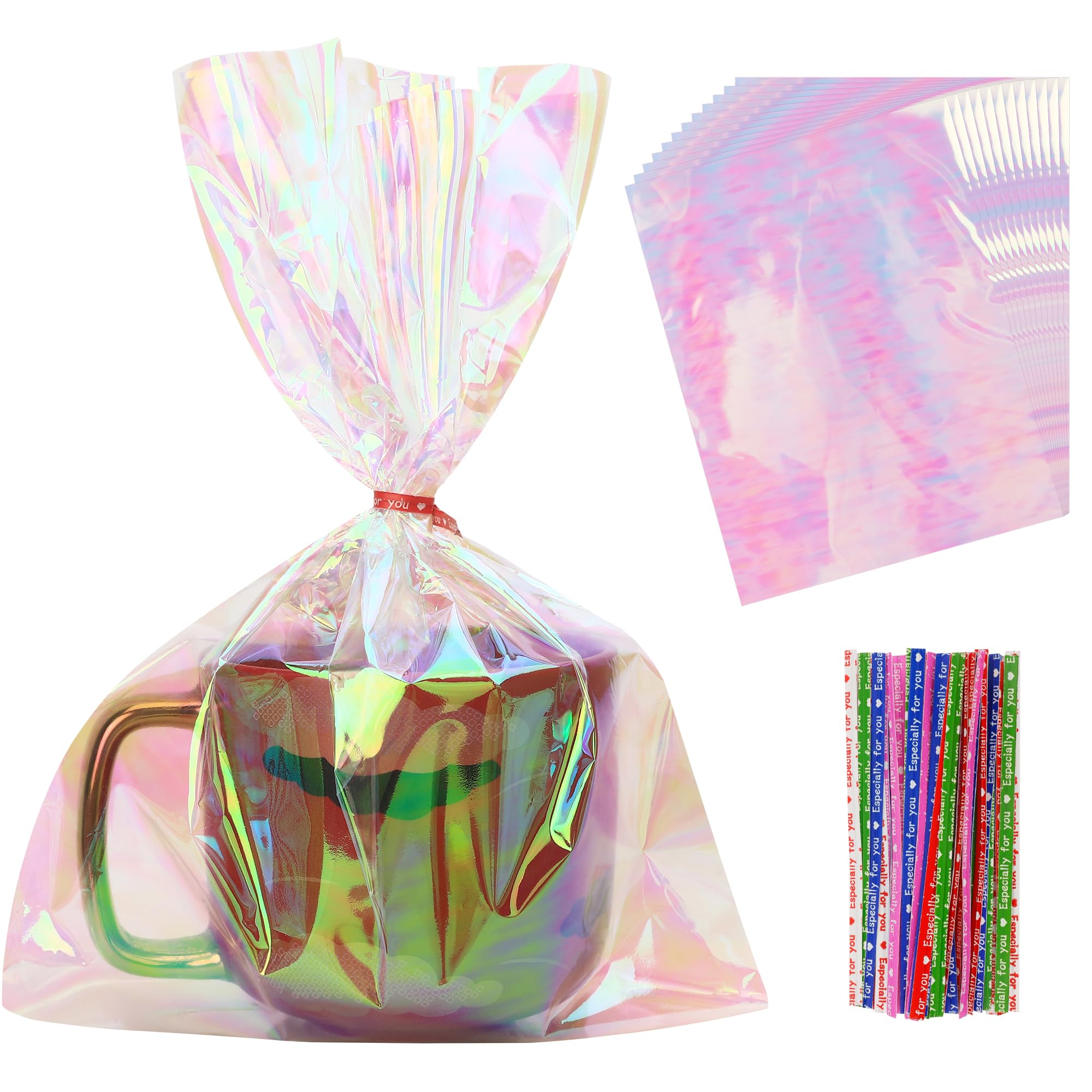 50 PCS Holographic Bags(8x11 Inch) with Colorful Ties, Clear PLastic Iridescent Cellophane Goodie Gift Treat Candy Goody Cookie Bags for Holiday