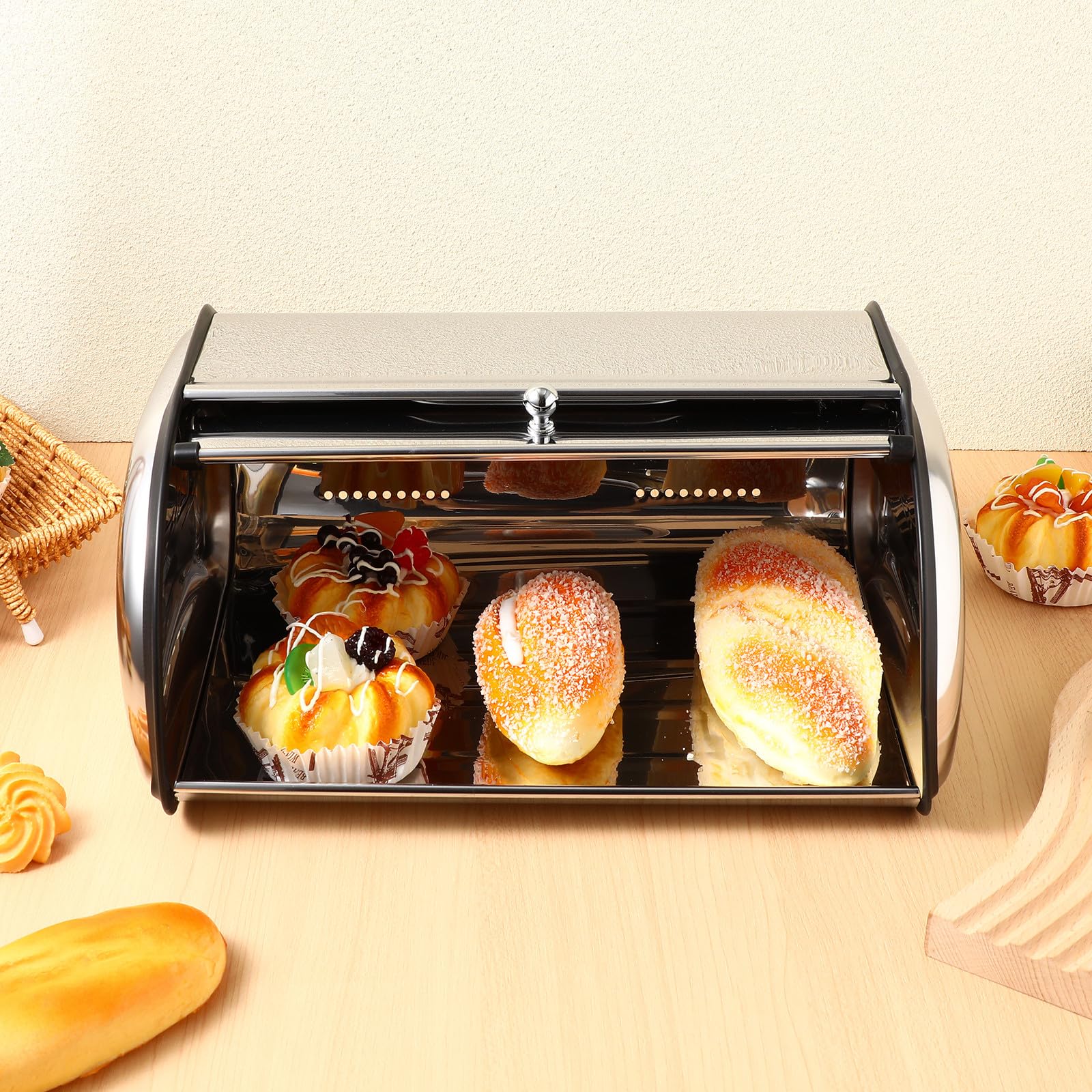 DOITOOL Caja de Pan de Acero Inoxidable Pequeña Tapa Ventilada, Base Antideslizante y Diseño Hermético para Cocina, Contenedor Multifunción para Almacenar Pan y Alimentos Frescos Hogar