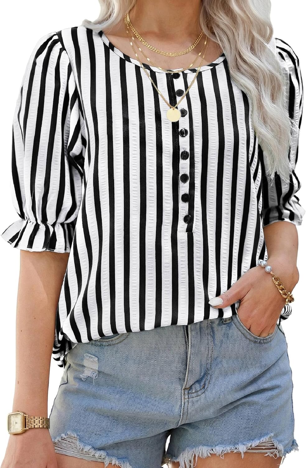 Ardazzl Ruffle Sleeve Tops for Women Short Sleeves Striped Button Down Shirts Blouses Black/White L