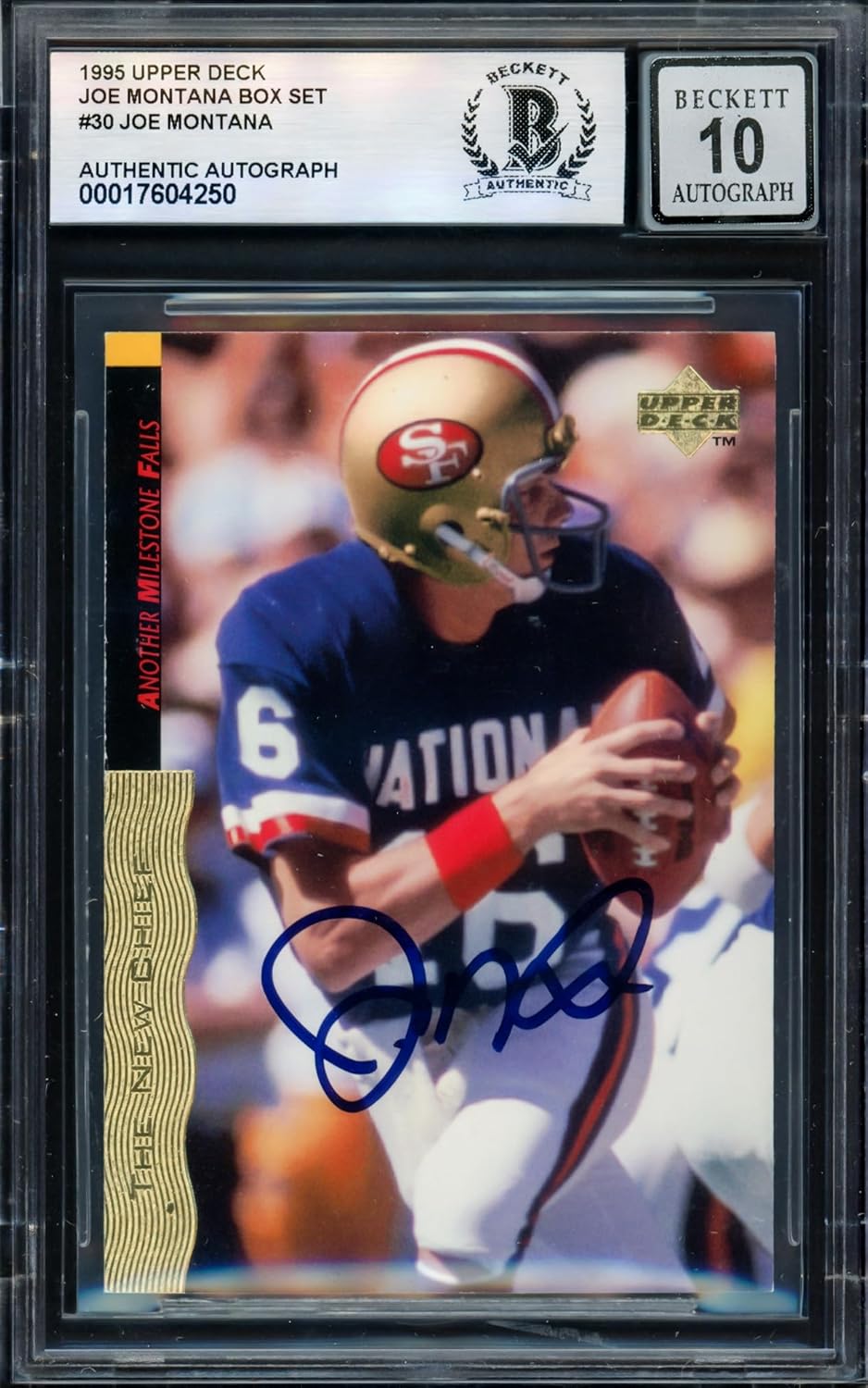 Joe Montana Autographed 1995 U.p.p.e.r D.e.c.k Football Card #30 Auto Grade Gem Mint 10 Beckett BAS #17604250