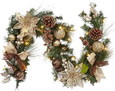 Christmas Garland with Lights, 6 FT Coffee Brown Pre-Lit Christmas Garland with 20 LED Ball Ornaments Pine Cones and Ribbon Bows for Fireplace Mantle Stair Railing Indoor Outdoor Christmas Decoration