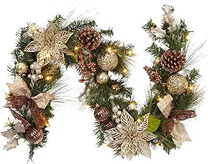 Christmas Garland with Lights, 6 FT Coffee Brown Pre-Lit Christmas Garland with 20 LED Ball Ornaments Pine Cones and Ribbon Bows for Fireplace Mantle Stair Railing Indoor Outdoor Christmas Decoration