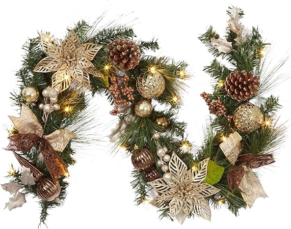 Christmas Garland with Lights, 6 FT Coffee Brown Pre-Lit Christmas Garland with 20 LED Ball Ornaments Pine Cones and Ribbon Bows for Fireplace Mantle Stair Railing Indoor Outdoor Christmas Decoration