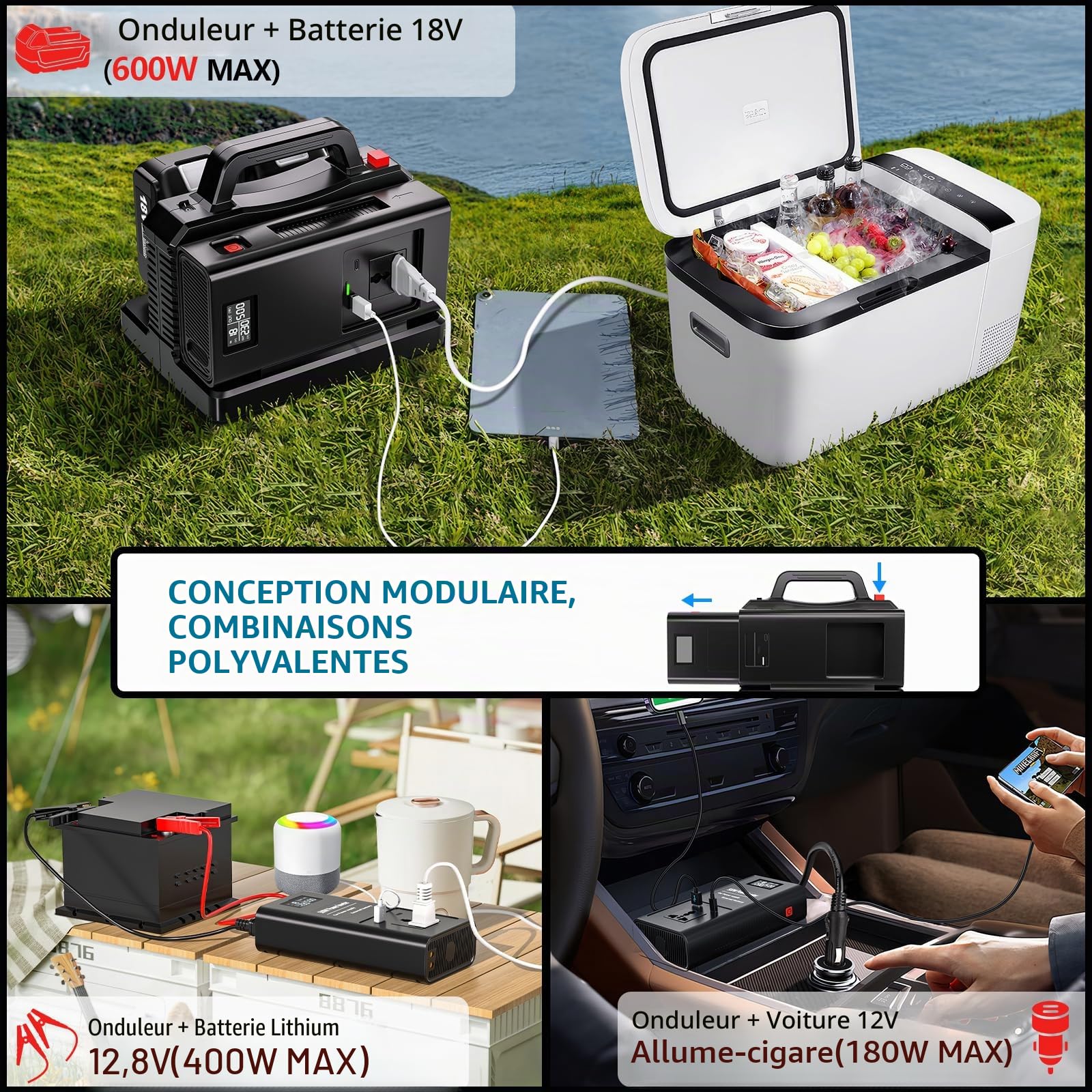 Adisipsoarin Onduleur sinusoïdal Pure 500W pour Batterie Makita 18V (Pas de Batterie), convertit 18V CC vers 230V CA, avec Prise de Charge Voiture, pour Camping et urgences (2 Ports)
