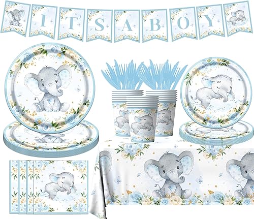 142 piezas de decoración de elefante azul para baby shower para niño, juego de platos y servilletas con tazas, tenedores, mantel y pancarta,