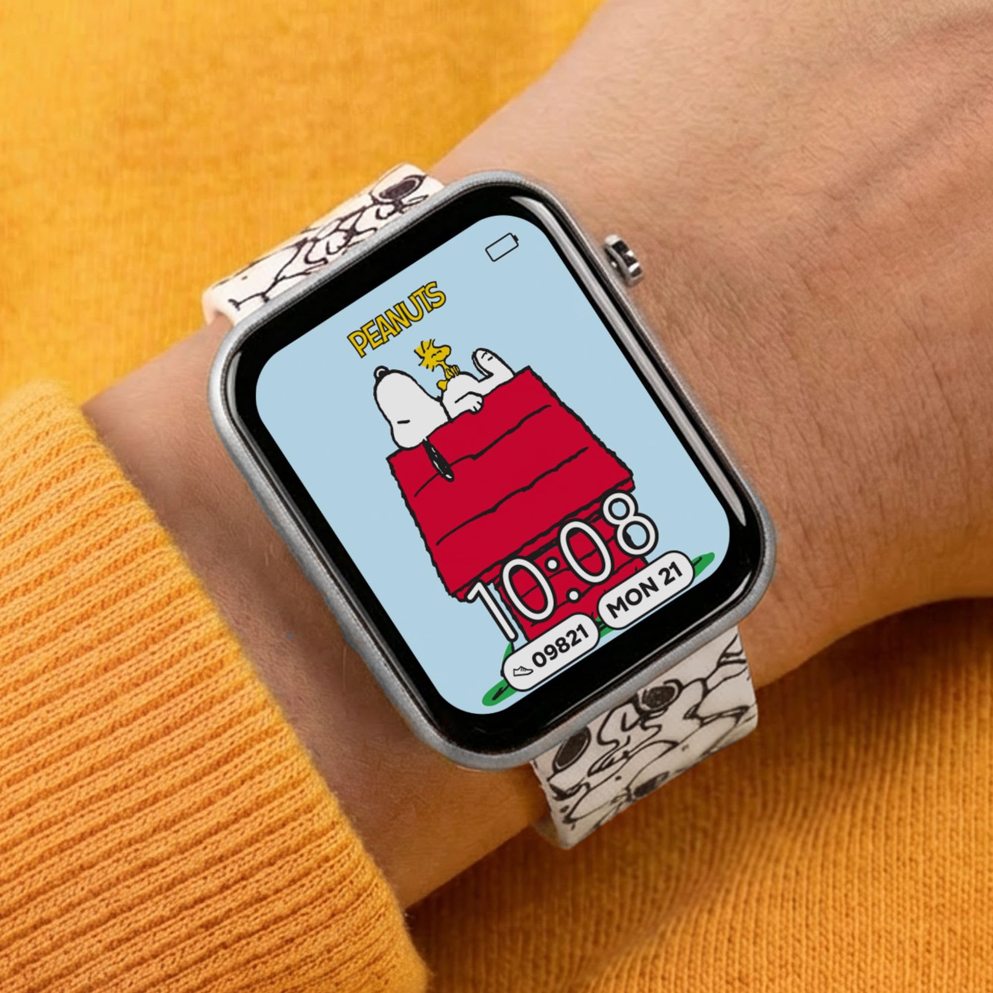 Accutime - Reloj inteligente interactivo Peanuts Snoopy para niños con correa impresa blanca