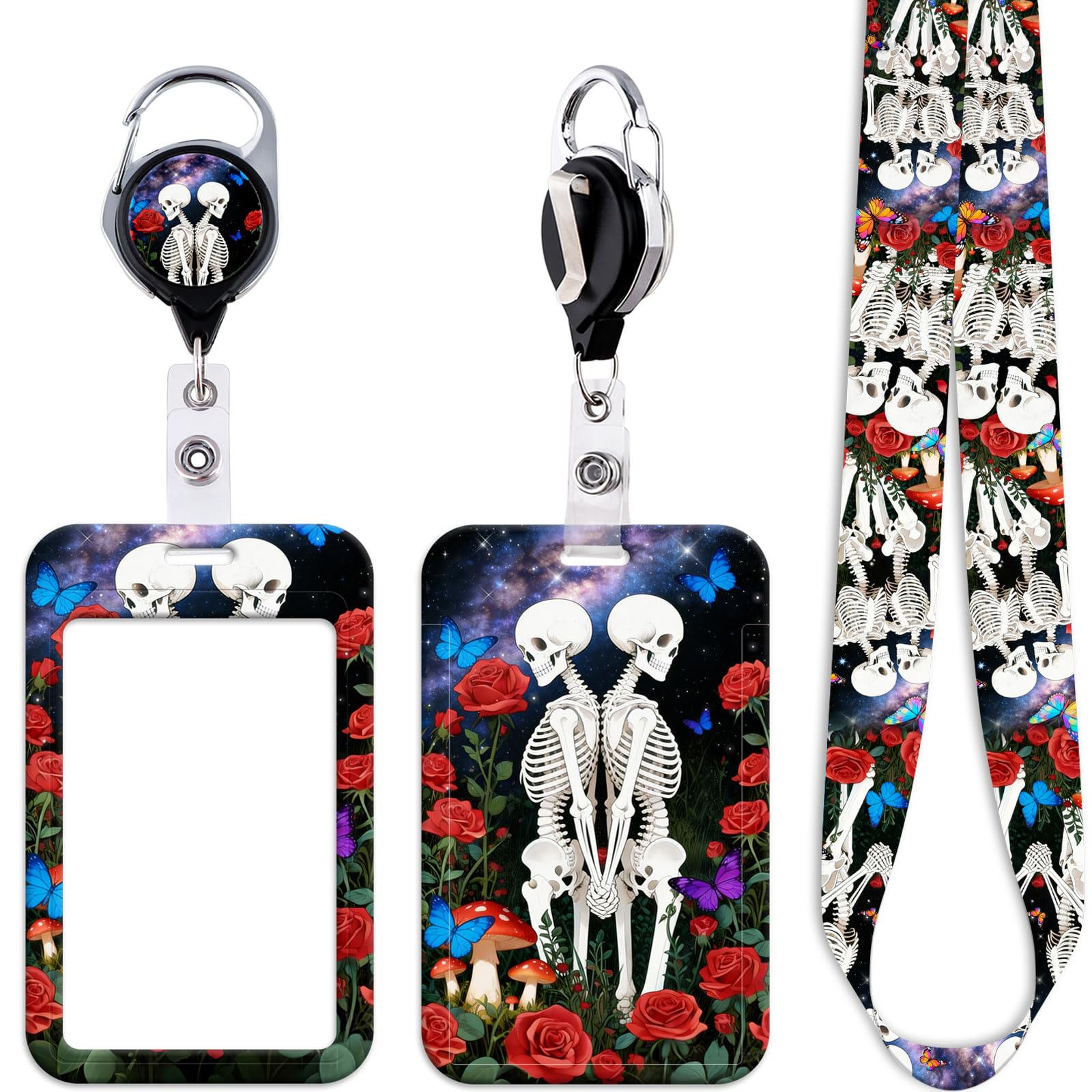 Cool Galaxy Skeleton Badge Reel with ID Card Holder Lanyard Skull Heavy Duty Retractable Badge Holder Reel Clip Cute Rose & Butterfly Lanyard ID Holder for Keys Name Tag,for Nurses Staff & School ID — image 1