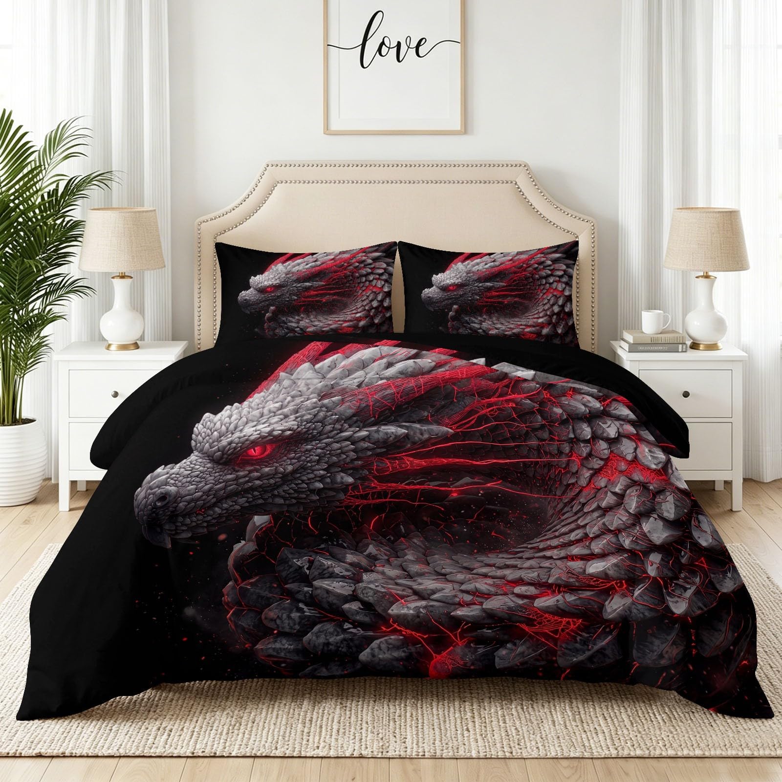 Parure de lit dragon 220x240 cm avec housse de couette en microfibre noire