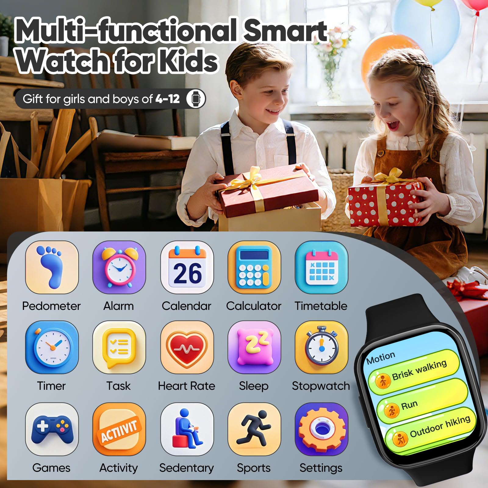 Kids Smart Watch for Boys Girls, HD Touchscreen Fitness Tracker with Heart Rate, Sleep Monitor, Activity, Pedometer, IP68 Waterproof SmartWatch with/without App, Gifts for Kids 4-12 (Black) — view 2