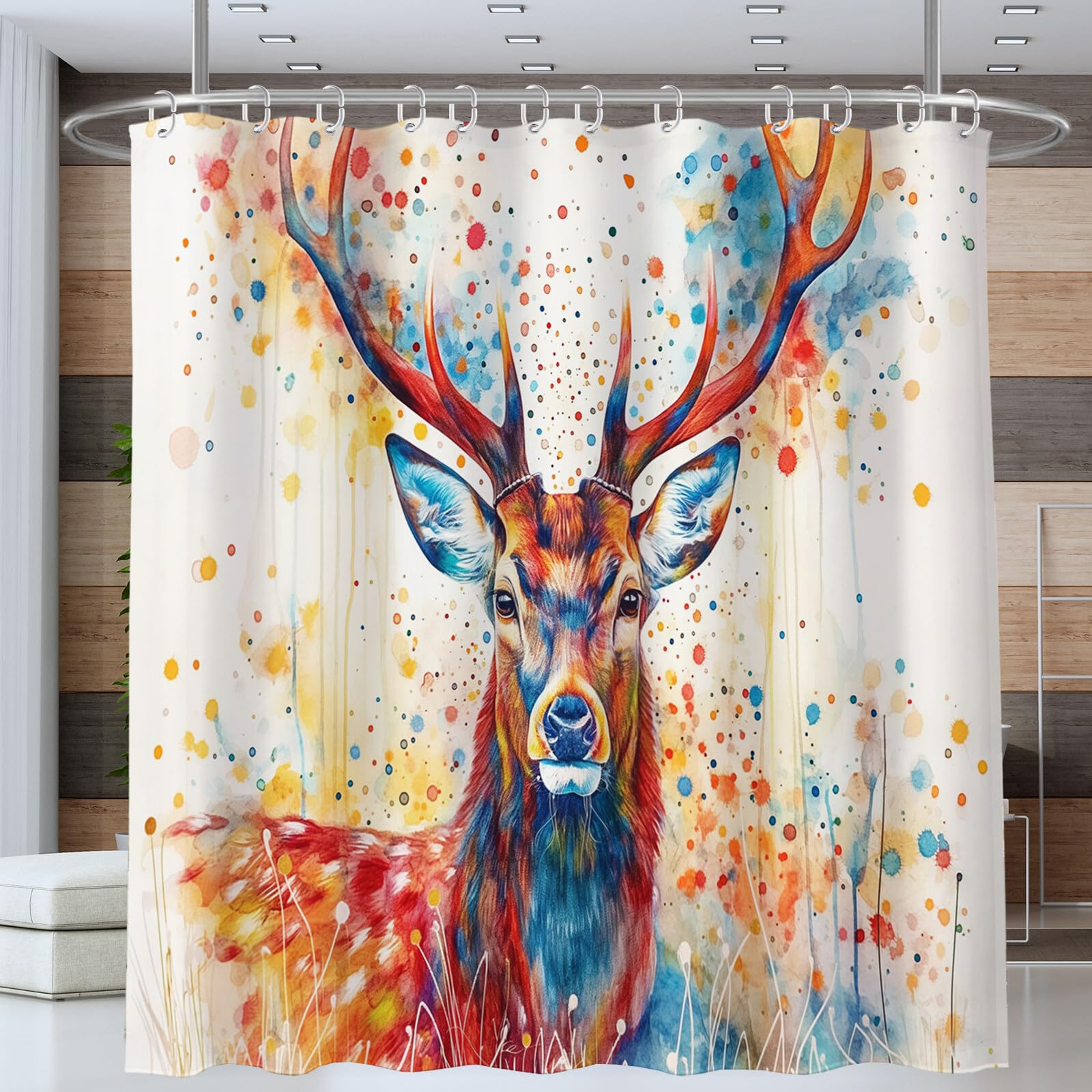Rideau De Douche Magnifique Cerf Peint Animaux De Portrait Rouge Rideau De Bain Tissu Polyester Anti Moisissure Imperméable Lavable Rideaux Salle De Bain avec Crochets