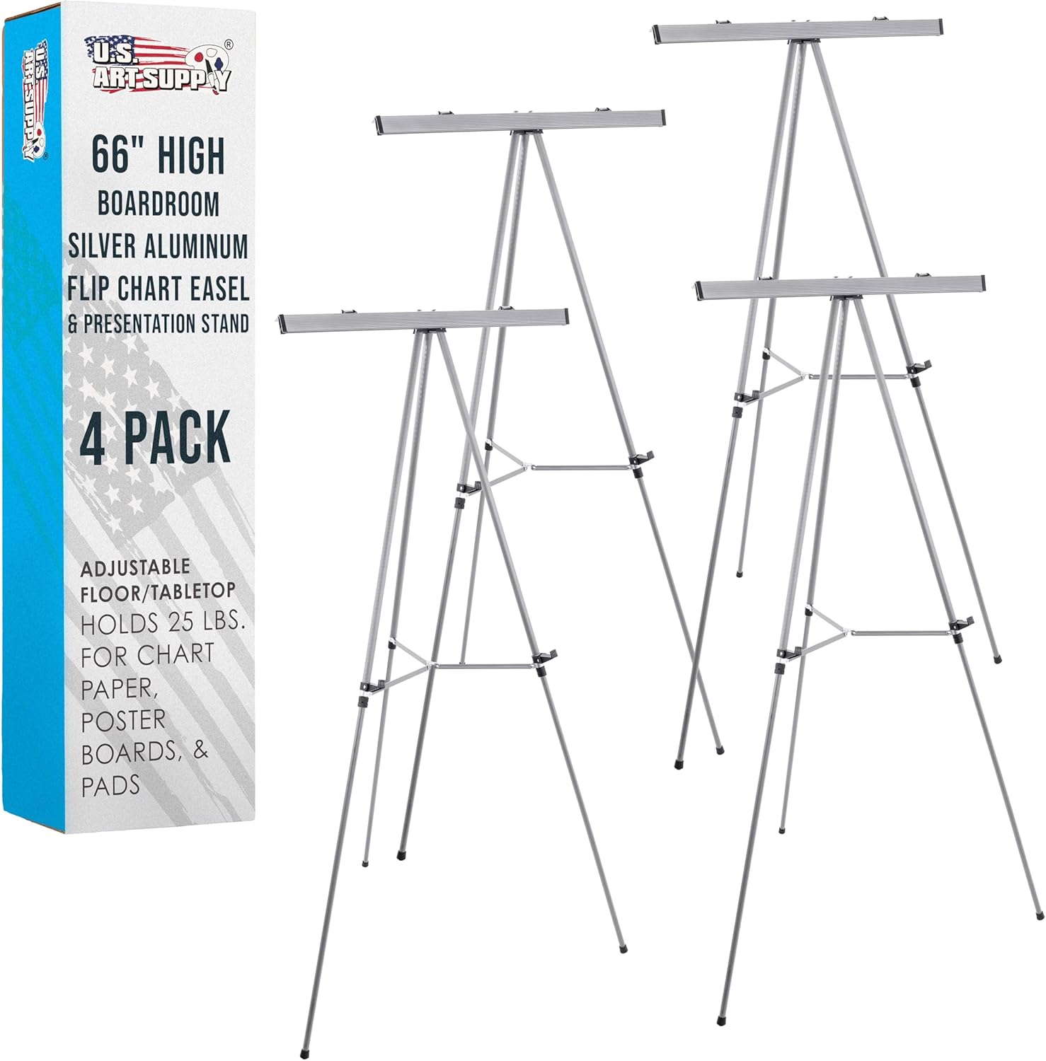 U.S. Art Supply 66" High Classroom Silver Aluminum Flip Chart Easel & Presentation Stand (4 Pack) - Adjustable Floor/Tabletop, Portable Tripod, Holds 25 lbs., for Chart Paper, Poster Boards, & Pads