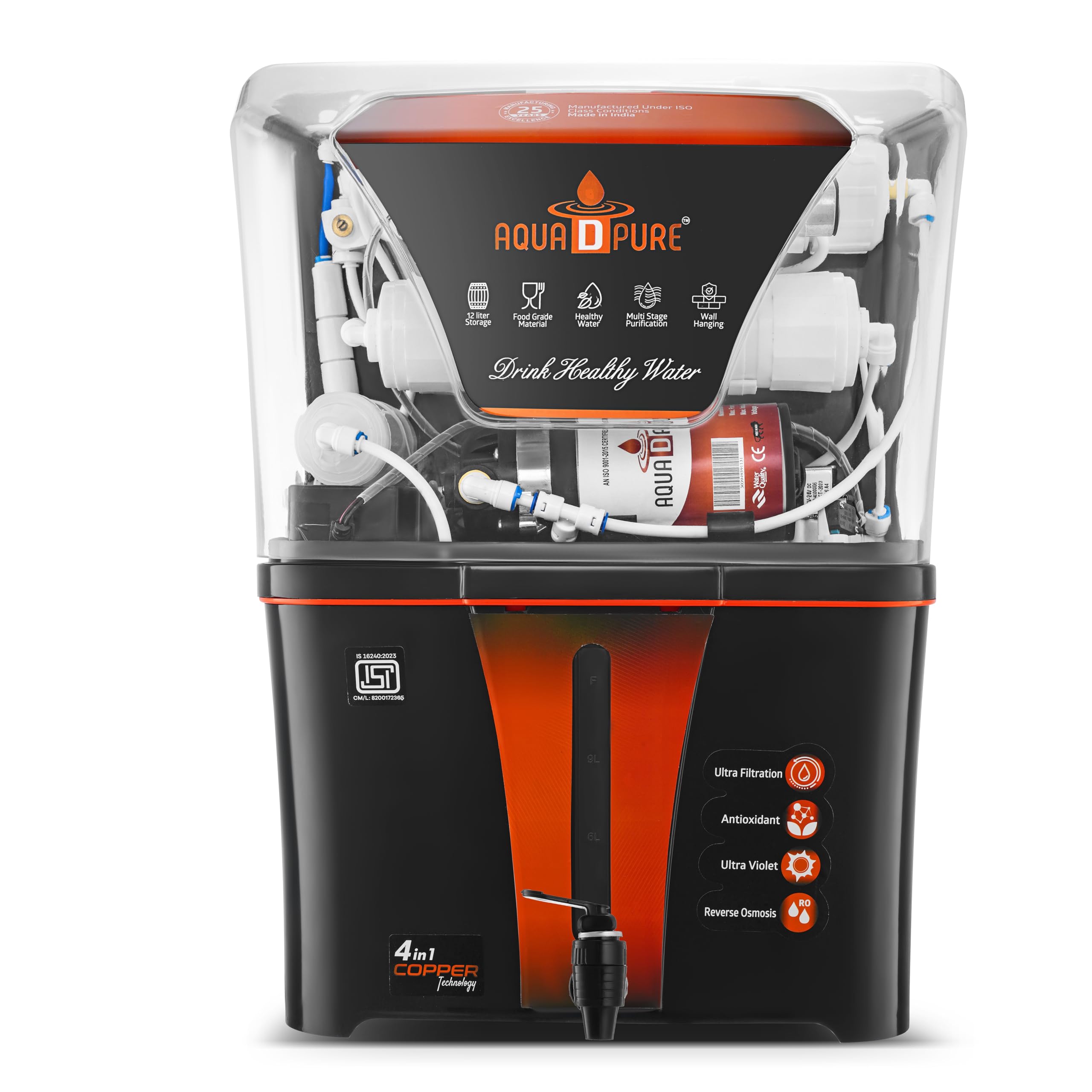 AQUA D PURE 4x Technology with Zinc Copper Alkaline Purification, 10 Stage RO Water Purifier with UV, UF, TDS Adjuster and 12 Liter Storage Tank, Best for Home and Offices