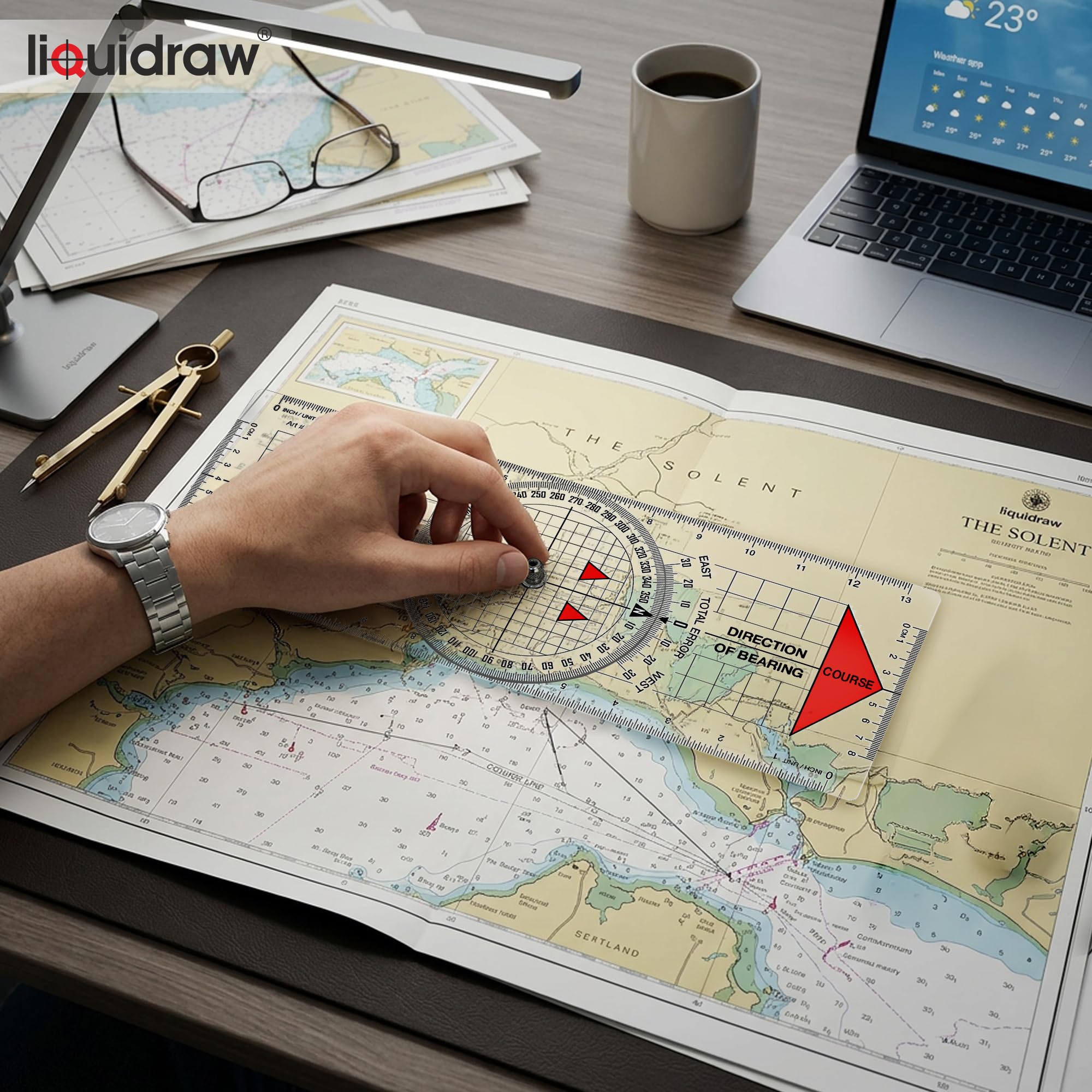 Liquidraw Ploter kursowy Portland z kątomierzem morskim | Kątomierz nawigacyjny | Przydatne narzędzie do nawigacji morskiej | Wykonany z mocnego przezroczystego akrylu | Pogrubione, wyraźne oznaczenia
