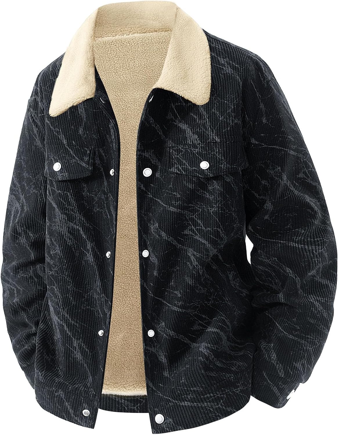 Mens Fleece Lined Coat Thick Corduroy Jacket | Long Sleeve Hoodless Jackets with Snap Button Closure for Casual Wear