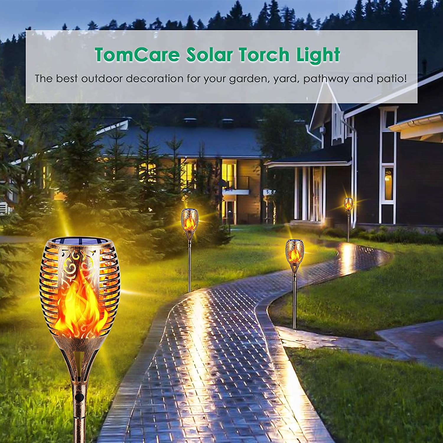 TomCare Luci solari per esterni, 99 LED, fiamma tremolante superiore e grande, 109,2 cm, decorative, impermeabili, ad energia solare, illuminazione paesaggistica, per giardino, patio, cortile