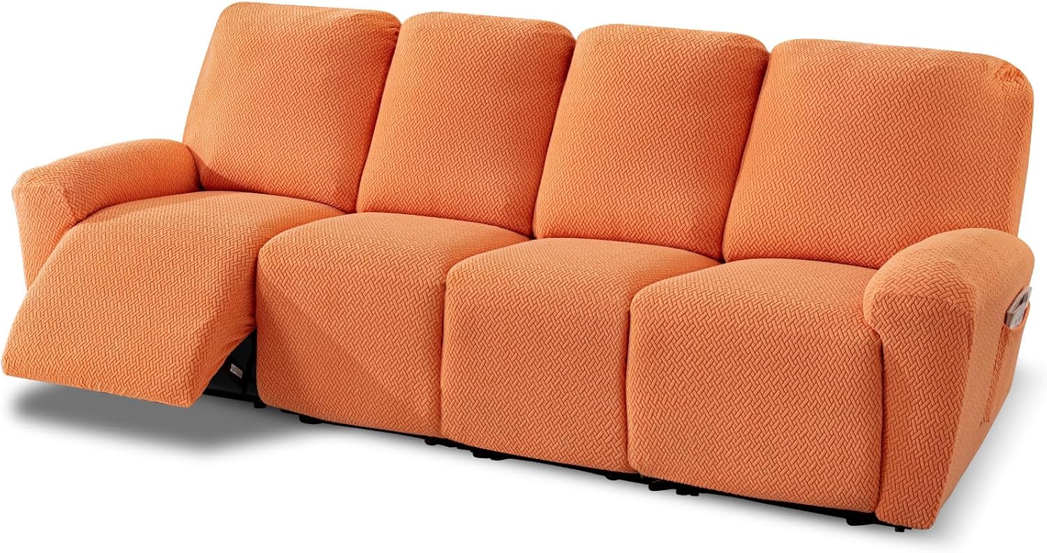 vctops 10 Pieces Stretch Recliner Sofa Cover Soft Jacquard Reclining Couch Cover with Pockets Plush Anti-Slip 4 Cushion Furniture Slipcovers with Elastic Bottom for Pet Kid (Orange,4 Seater)