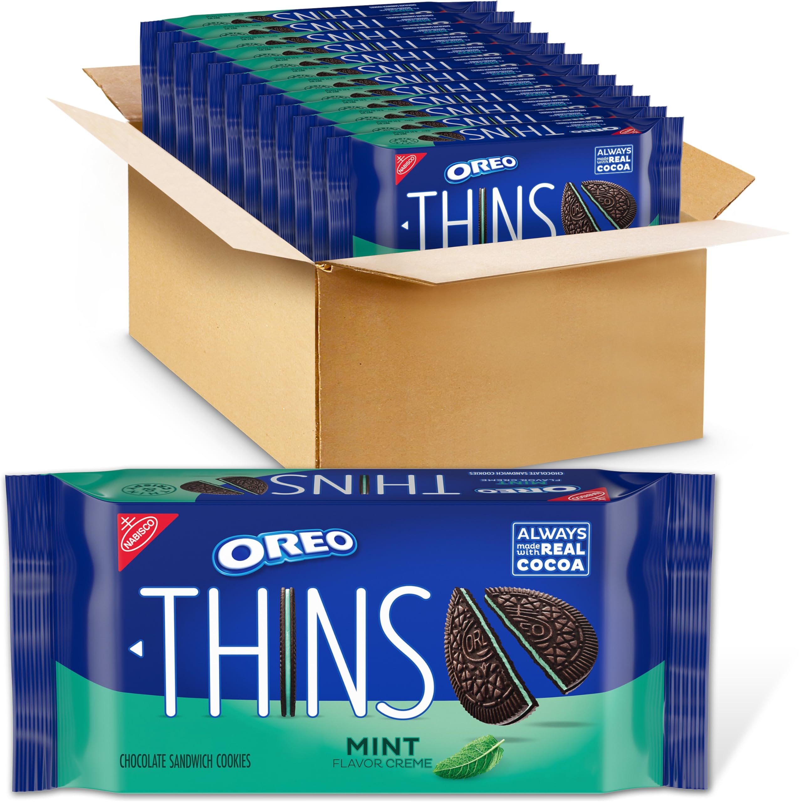 OreoThins Mint Creme Chocolate Sandwich Cookies, 12 - 9.21 oz Packs