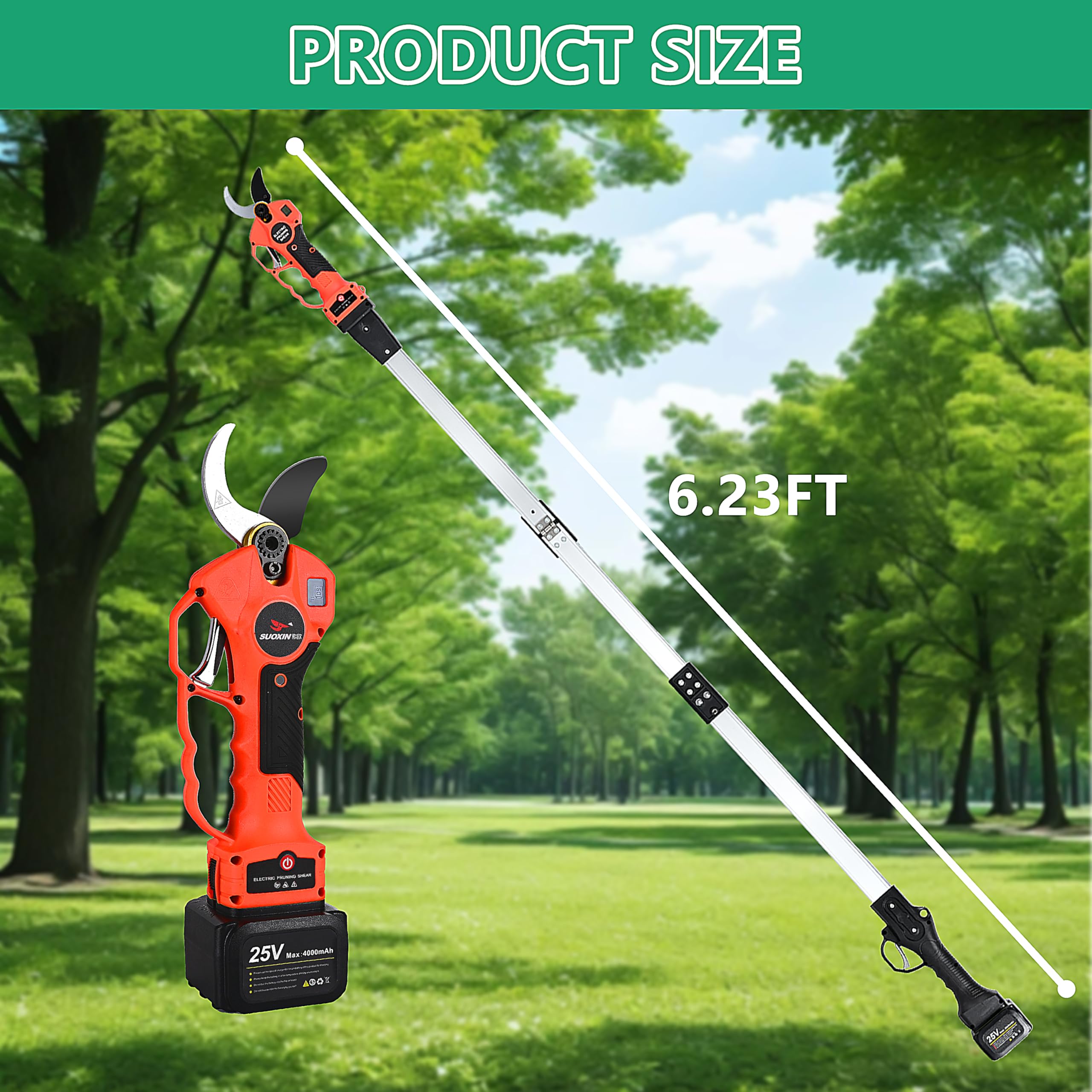Tijeras de Podar Eléctricas Inalámbricas Suoxin 2 en 1 con Poste Telescópico Plegable de 1.9 m, Hoja SK5, Corte de 1.6", Pantalla LCD, 2 Baterías de 4Ah para Jardín