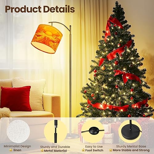 Miniatura 4 de Modern Arc Floor Lamp, Retro 70s Album Cover Art Mountains Sun Patterns Standing Lamp with Hanging Linen Shade Adjustable Foot Switch for Living