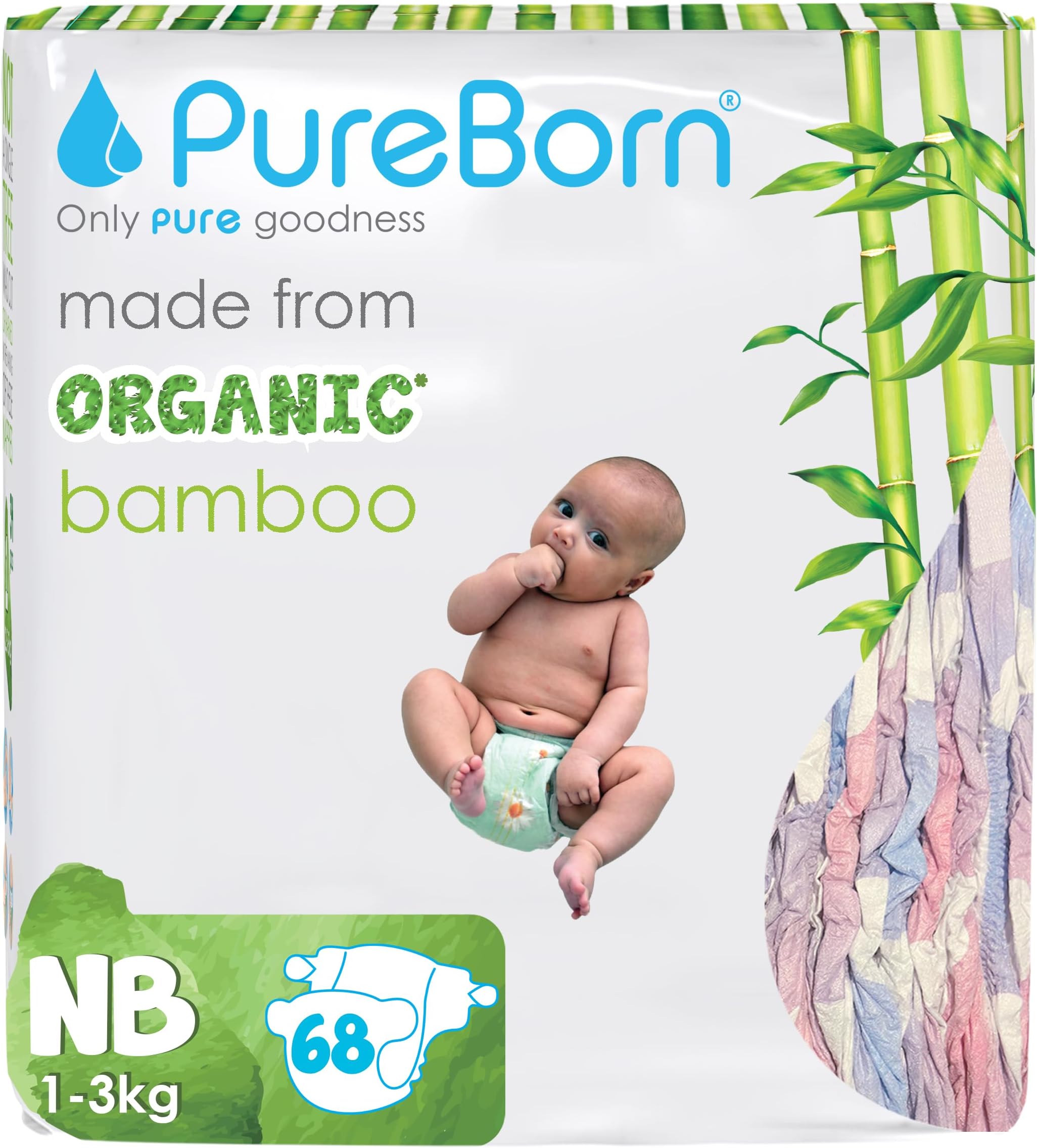 PureBorn Nappies Pure Organic Bamboo Nappies – Nappies Size NB Hypoallergenic 68-Nappies Ultra Soft (Up To 5Kg) 100% Plant Based Eco Friendly Assorted Print