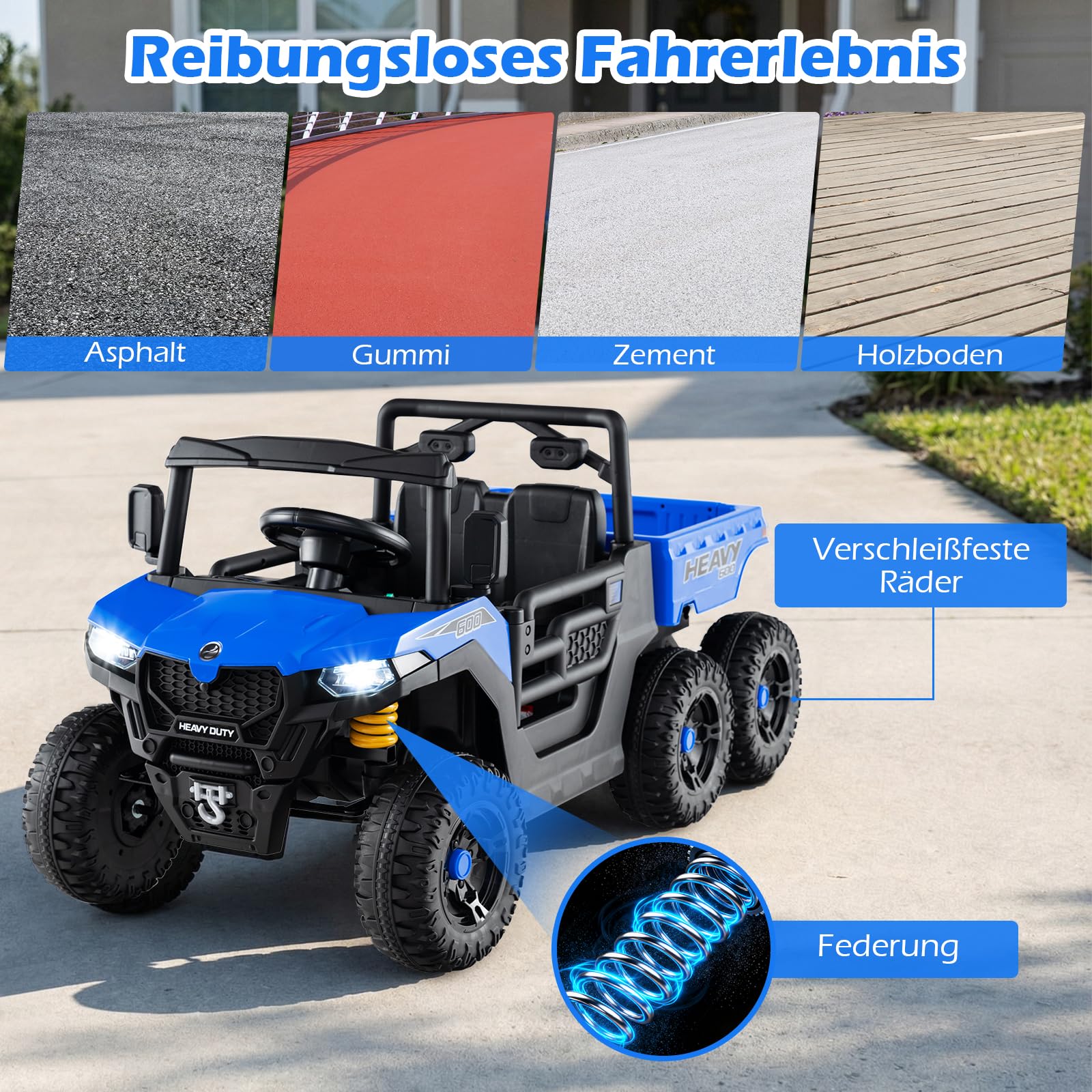 COSTWAY 24V Kinder Elektroauto, Kinderauto mit elektrischer Kippmulde & Fernbedienung, Kinderfahrzeug mit Musik, Geschichten, LED-Lichter & Federung, Elektrofahrzeuge für Kinder ab 3 Jahren (Blau)