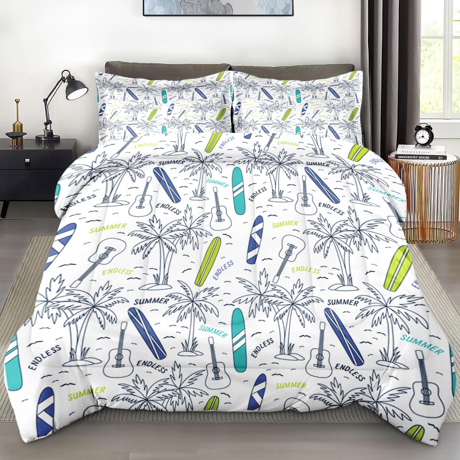 Pamnest Comforter Set Twin Size, Palm Leaf Guitar Soft 2 Pcs Bedding for Kids and Adults, Surfboard Surf Shark Comforter Set with Pillowcase for Bedroom Bed Decor