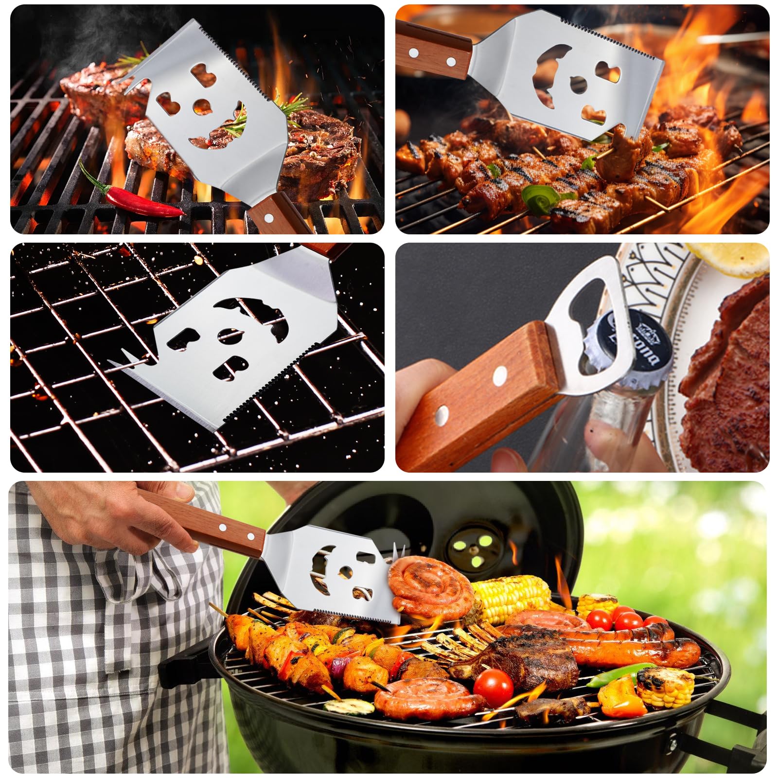 Spatule Barbecue 7 en 1, Ustensiles barbecue avec spatule, Accessoires de Barbecue Extra Longs, Meilleurs Cadeaux de Barbecue pour Hommes Uniques, Couverts de barbecue multifonctions avec manche