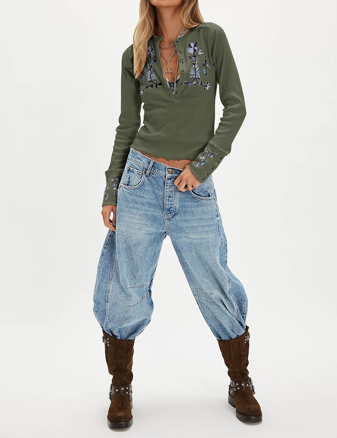 MISSACTIVER Floral Embroidered Crop Tops for Women Long Sleeve Button Down Ribbed Knit Tshirt Slim Fit Lettuce Hem Boho Shirt - Image 3