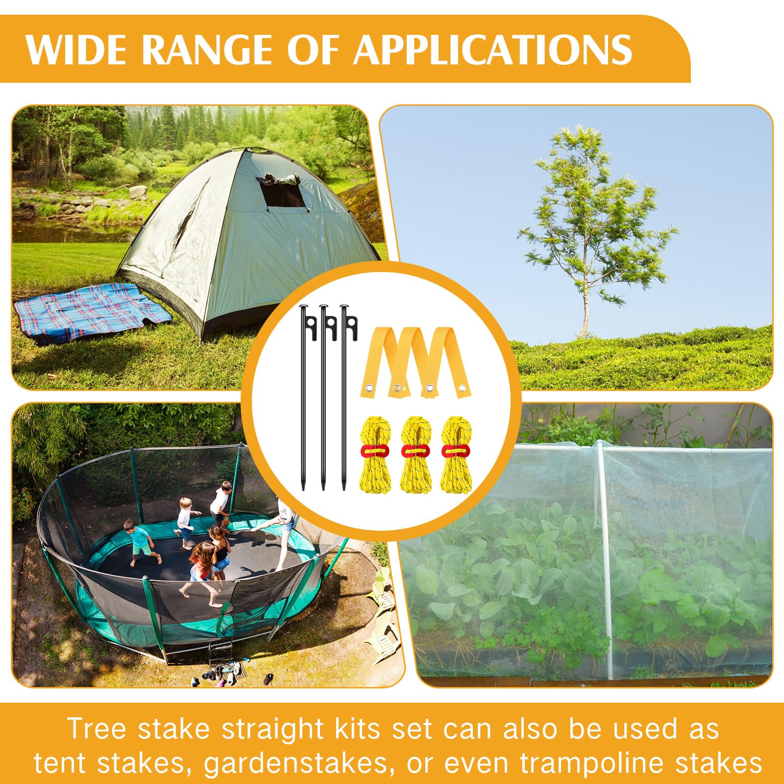 Sintuff 36-teiliges robustes Baumpfahl-Set, Baumpfahl und Unterstützung für junge Bäume, zum Glätten von Bäumen, 40 cm Stützgurte, 30 cm Stahl-Baumpfähle, 4 m Seil (gelb)