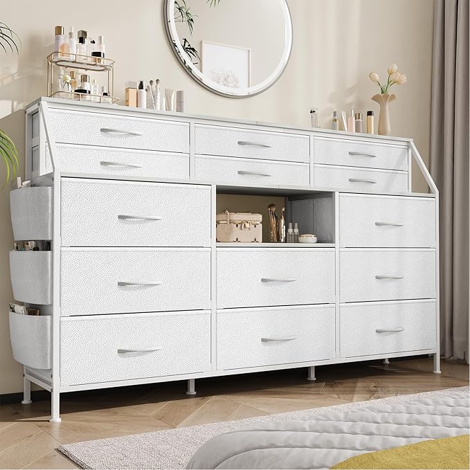 Dresser for Bedroom with 14 Drawers, 55" W Dresser with Side Pocket, Fabric Dressers & Chests of Drawers with Shelves, Sturdy Frame, Wood Top