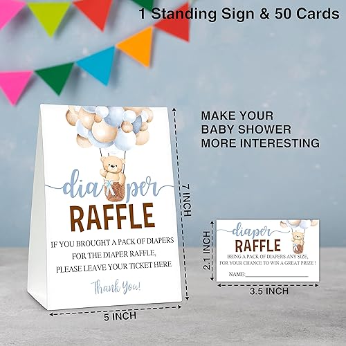 Miniatura 6 de Juego de baby shower, 50 boletos para rifas de pañales con 1 letrero de pie, suministros de decoración de fiesta de revelación de género de oso