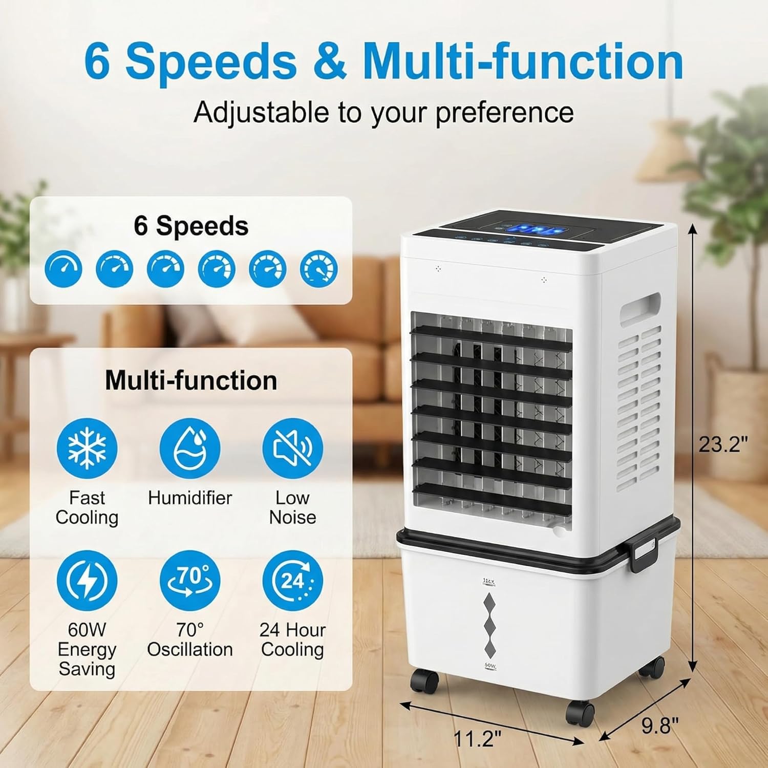 Fullwatt Swamp Cooler with Night Light, 6 Speeds Windowless Portable Air Conditioner with Remote, 24H Timer, 4 in 1 Evaporative Air Cooler with 2.64 Gal Detachable Water Tank for Bedroom, Office