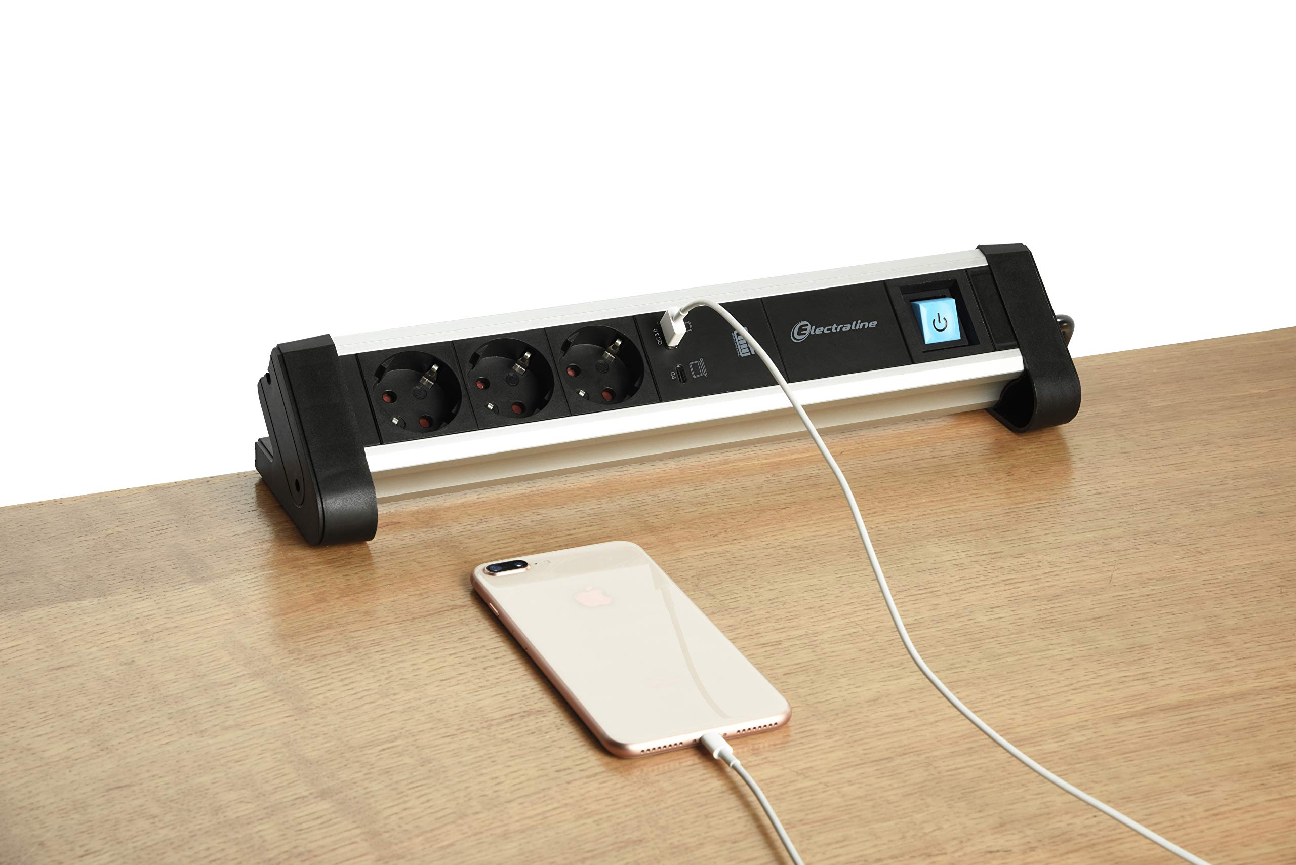 Electraline - 62556, Ciabatta di alimentazione multipla per ufficio, con 3 prese Schuko + 2 porte USB 60 W (1 Tipo C (Power Delivery) per la ricarica dei computer + 1 USB 3,0 A ricarica rapida),
