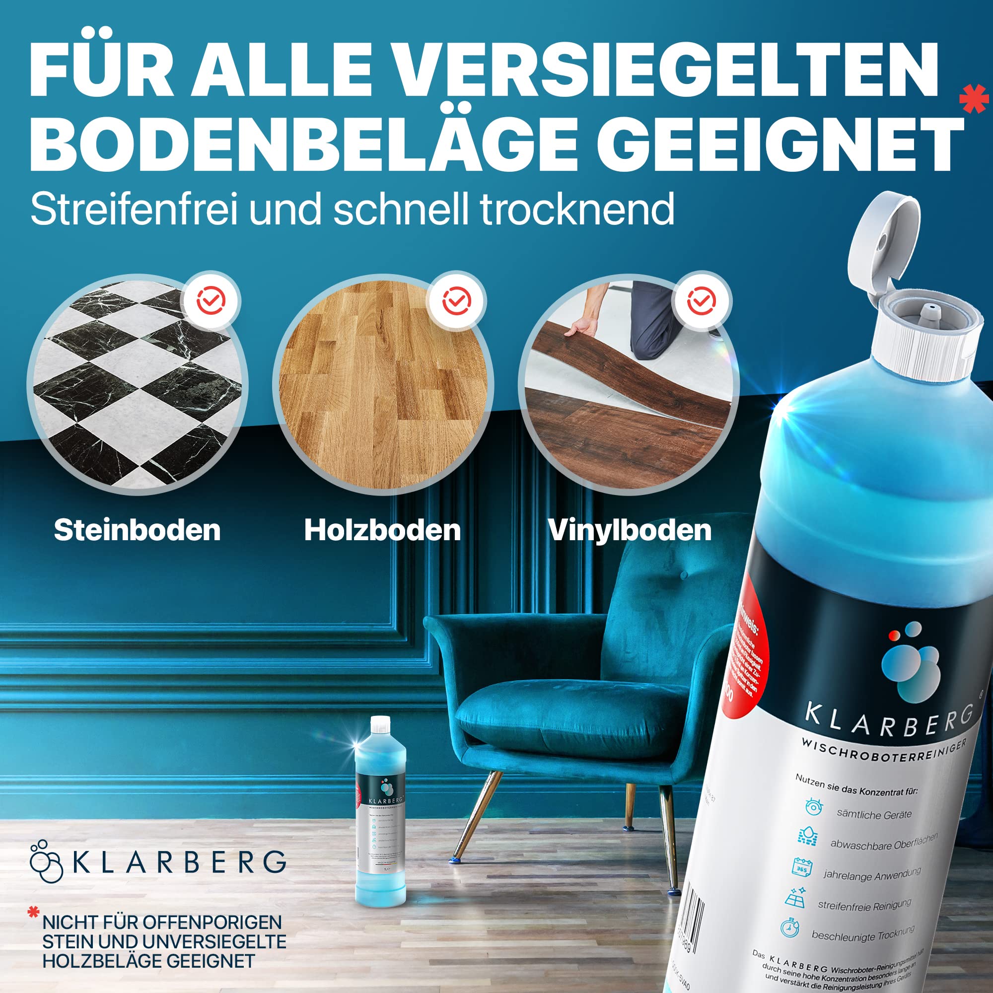 KLARBERG 4L Wischroboter Reinigungsmittel Konzentrat für Boden-/Saugroboter | Bodenreiniger für Saugwischer Nasssauger und Saugroboter mit Wischfunktion. Reinigt Laminat Fliesen und Parkett streifenfrei.