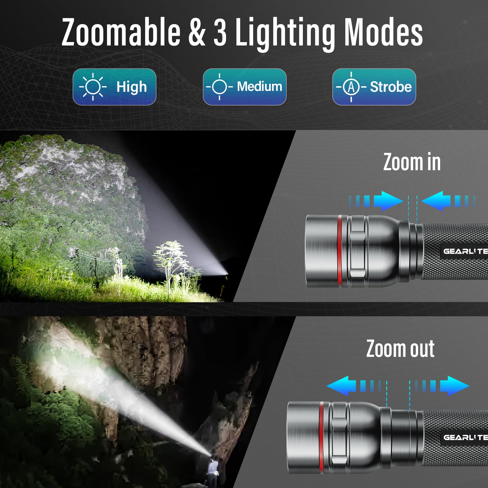 GEARLITE Torcia a LED ricaricabile, confezione da 2 pezzi, 2000 lm