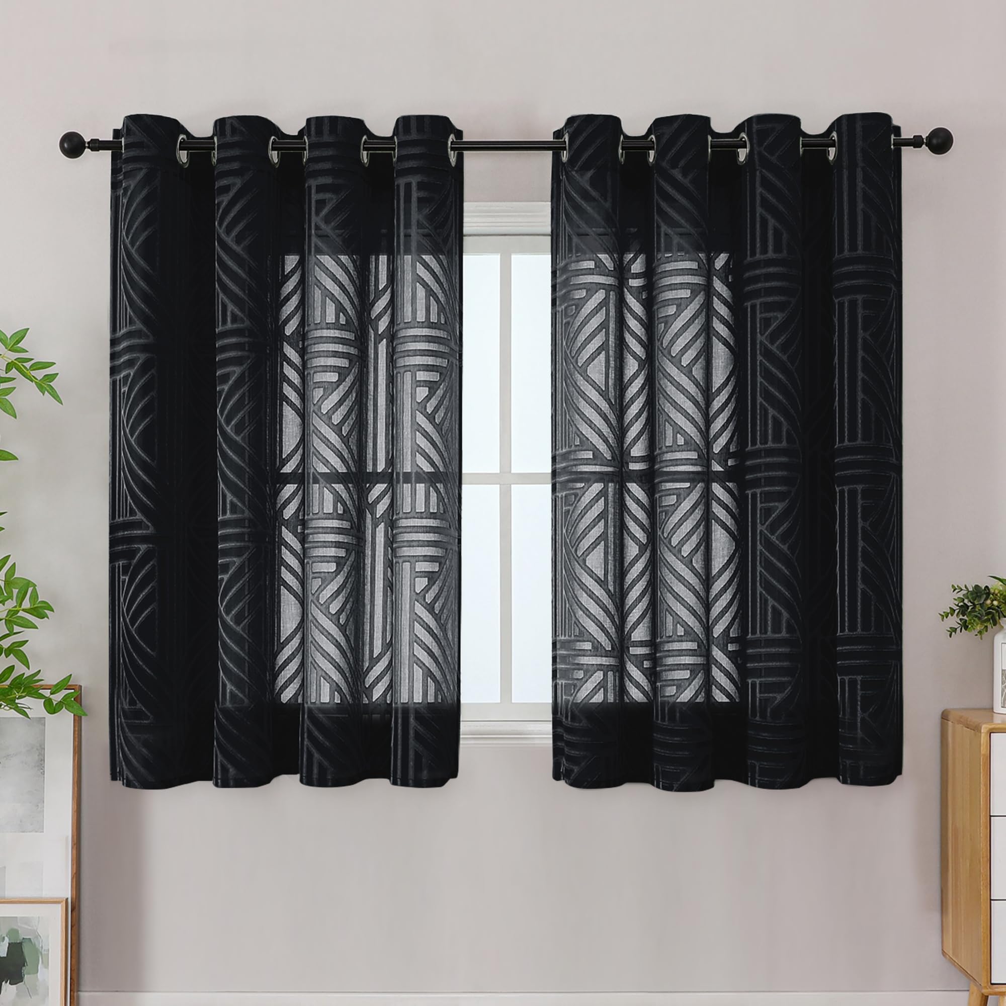 Simplebrand Semi Black Sheer Curtains 140x122cm 2 Panels, Geometric Jacquard Clip Textured Short Sheer Curtains for Bedroom，Eyelet Modern Elegant Window Panels/Drapes/Treatment