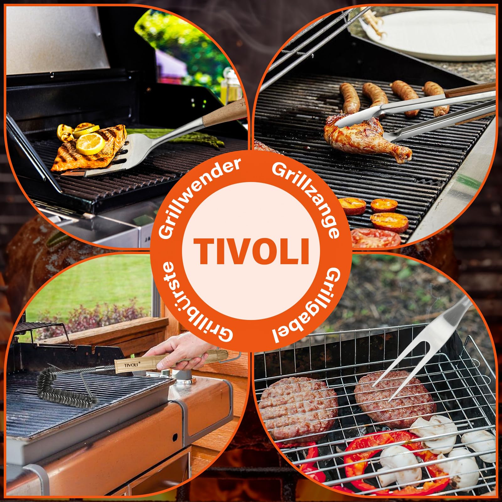 TIVOLI Grillbesteck Set 4-teilig, aus hochwertigem Edelstahl Gefertigt, mit Sicheren Holzgriffen, inklusive Grillzange, Pfannenwender, Grillbürste und Grillgabel – Grill Geschenke für Männer