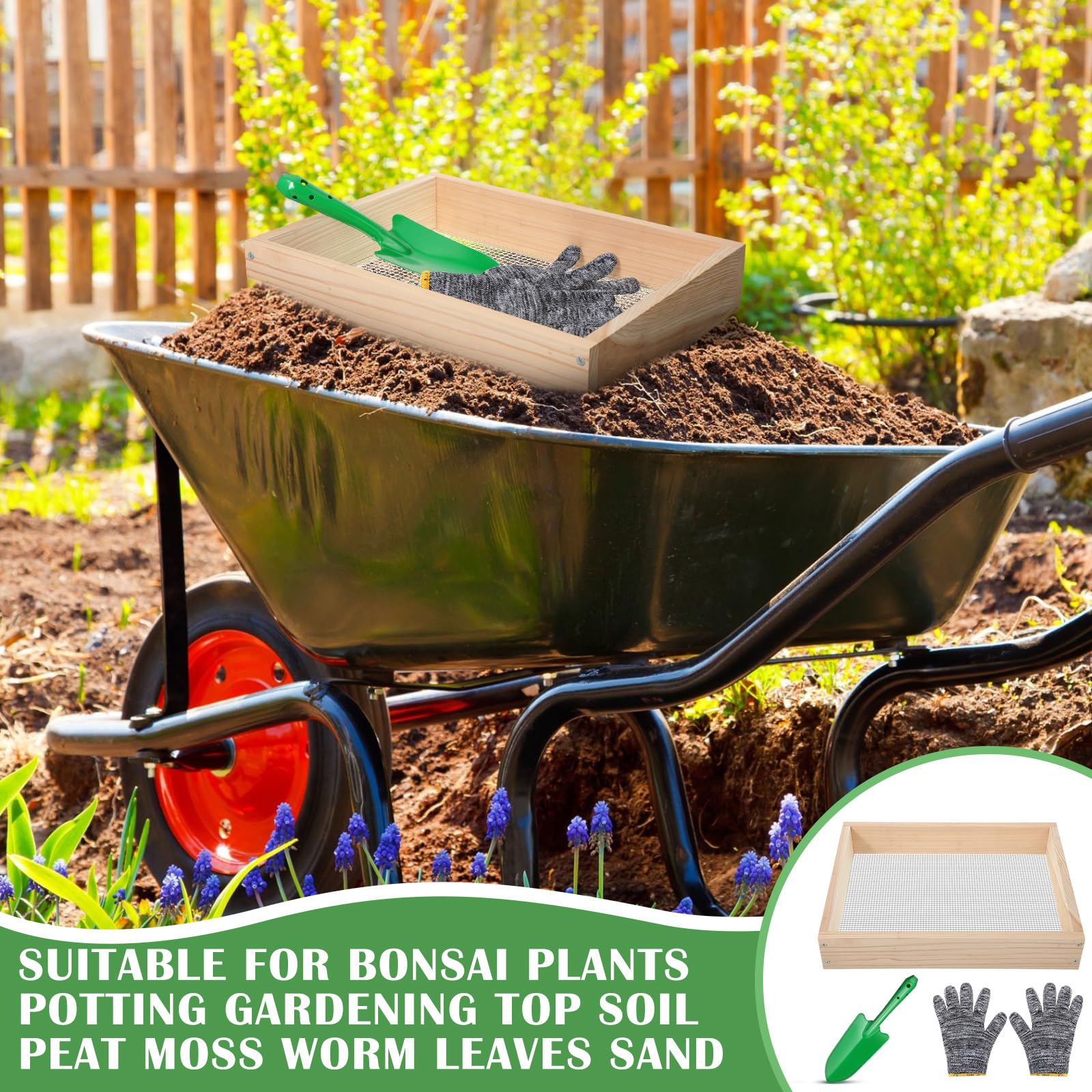 Therwen Juego de 2 tamices de tierra, tamiz de tierra, tamiz de tierra de madera, tamiz de compost, malla de 0.24 pulgadas con guantes y palas para plantas bonsái, macetas, verduras, hojas de arena,