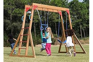Dolphin Playground Wood Swing Sets for Backyard with Monkey Bar