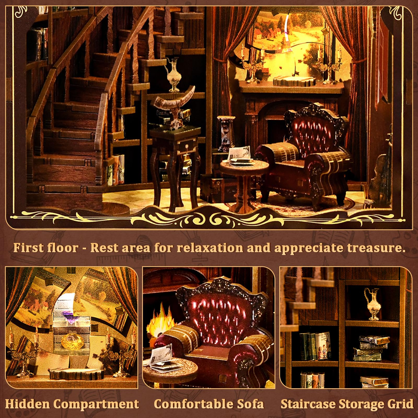 Casa Delle Bambole Kit, 3D in Legno Modellismo da Costruire con Luce Led, Piccola Casa in Miniatura DIY per Adulti, Regali Creativi Artigianali di Natale per il Compleanno (Biblioteca antica)
