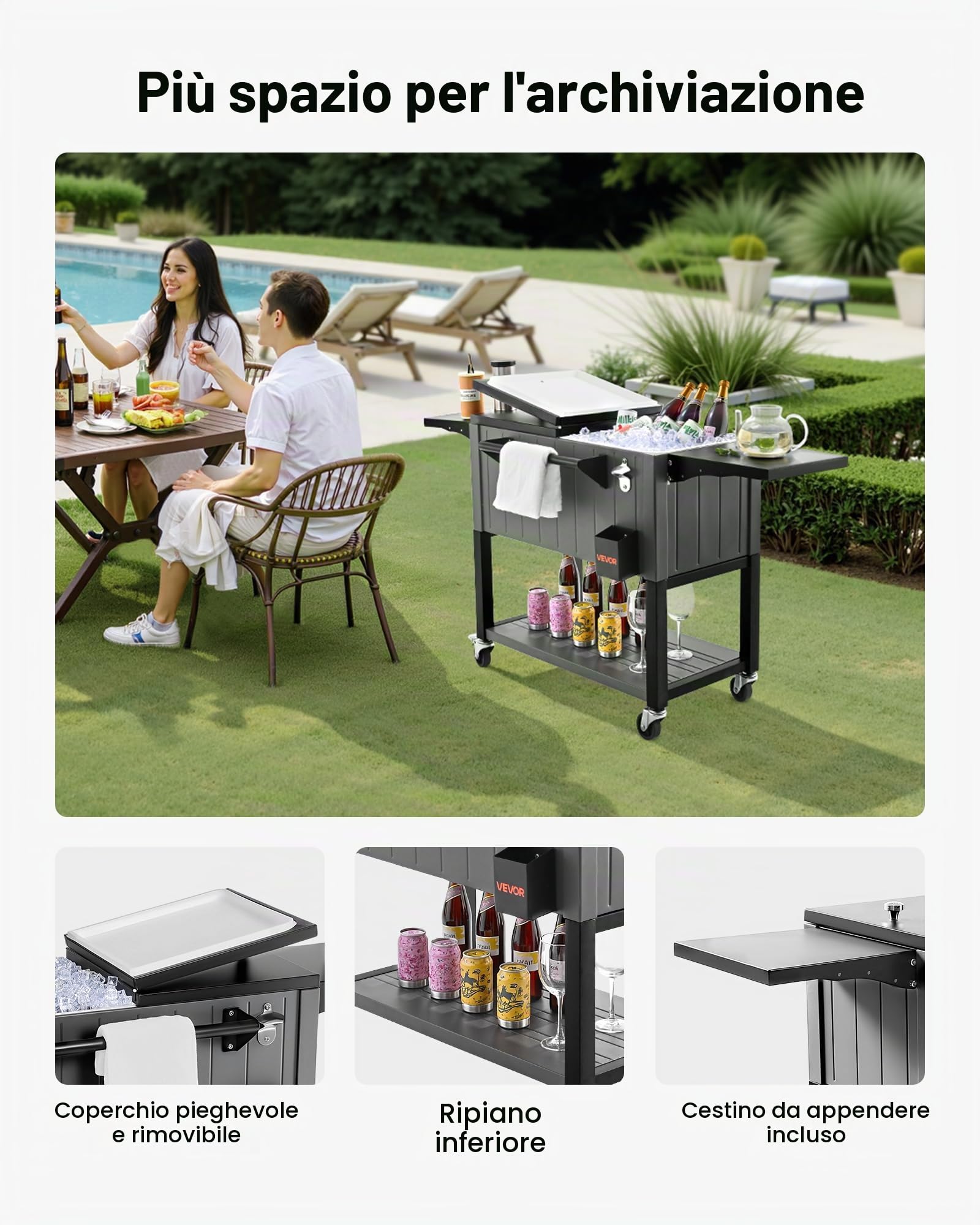VEVOR Ghiacciaia Mobile da 75,71 L, Può Contenere Fino a 50 Bottiglie/110 Lattine, Carrello Portatile per Bevande da Bar per Feste, per Bevande con Ripiani Inferiore e Laterali Ruote e Apribottiglie