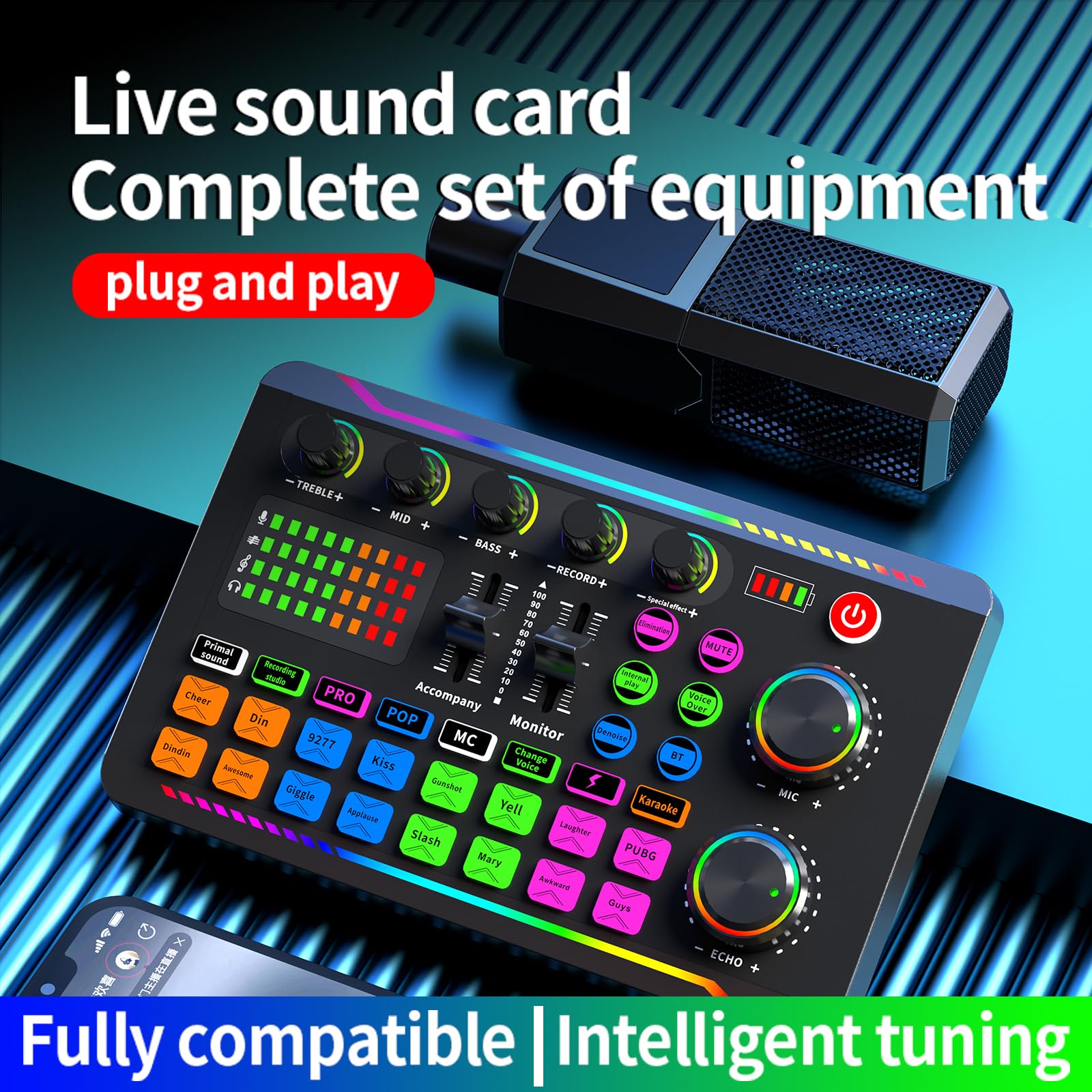 Scheda audio dal vivo, mixer con 16 effetti di cambiamento del suono, DJ in streaming Bluetooth, per registrazione/podcasting/giochi/live streaming