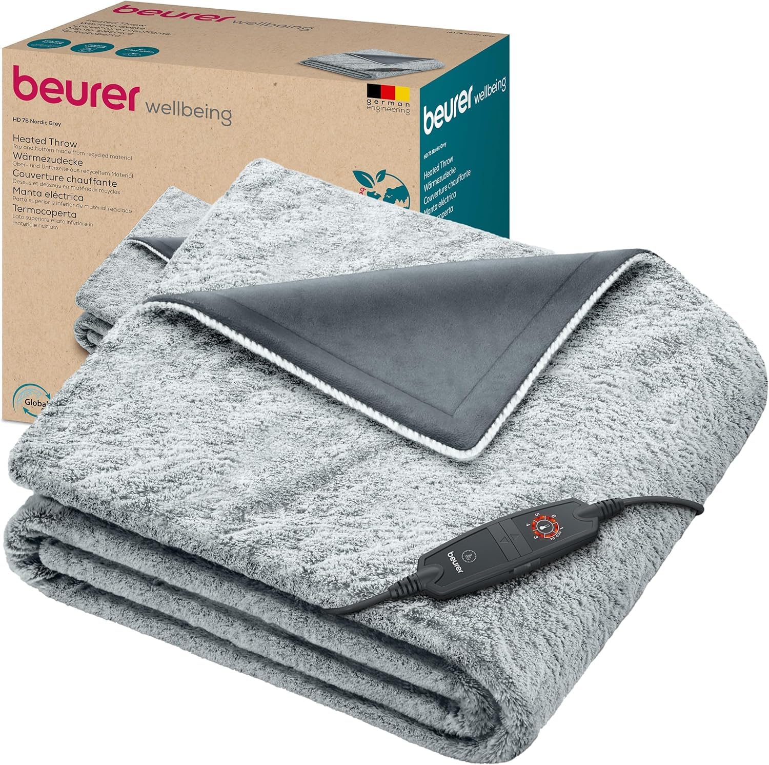 Beurer Termocoperta Beurer HD 75 Nordic Grey Green Planet coperta termica traspirante in grigio di tendenza in materiale riciclato, 6 livelli di temperatura di cui 2 ECO e spegnimento automatico