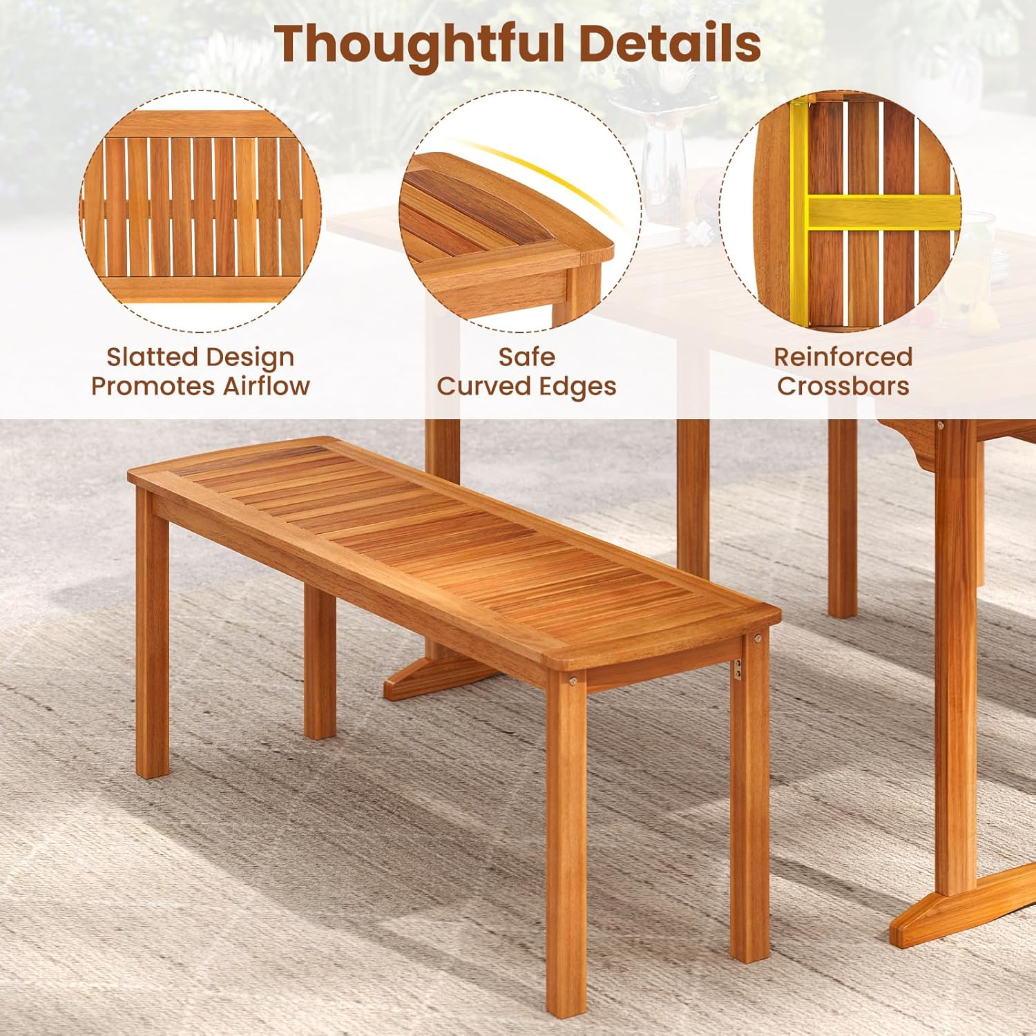 RELAX4LIFE Wood Patio Outdoor Bench - 48’’ Backless Acacia Wooden Dining Bench w/Slatted Seat, 2-Person Farmhouse Indoor Outside Furniture for Entryway Garden Park Porch Poolside, 800LBS Max Load (1)
