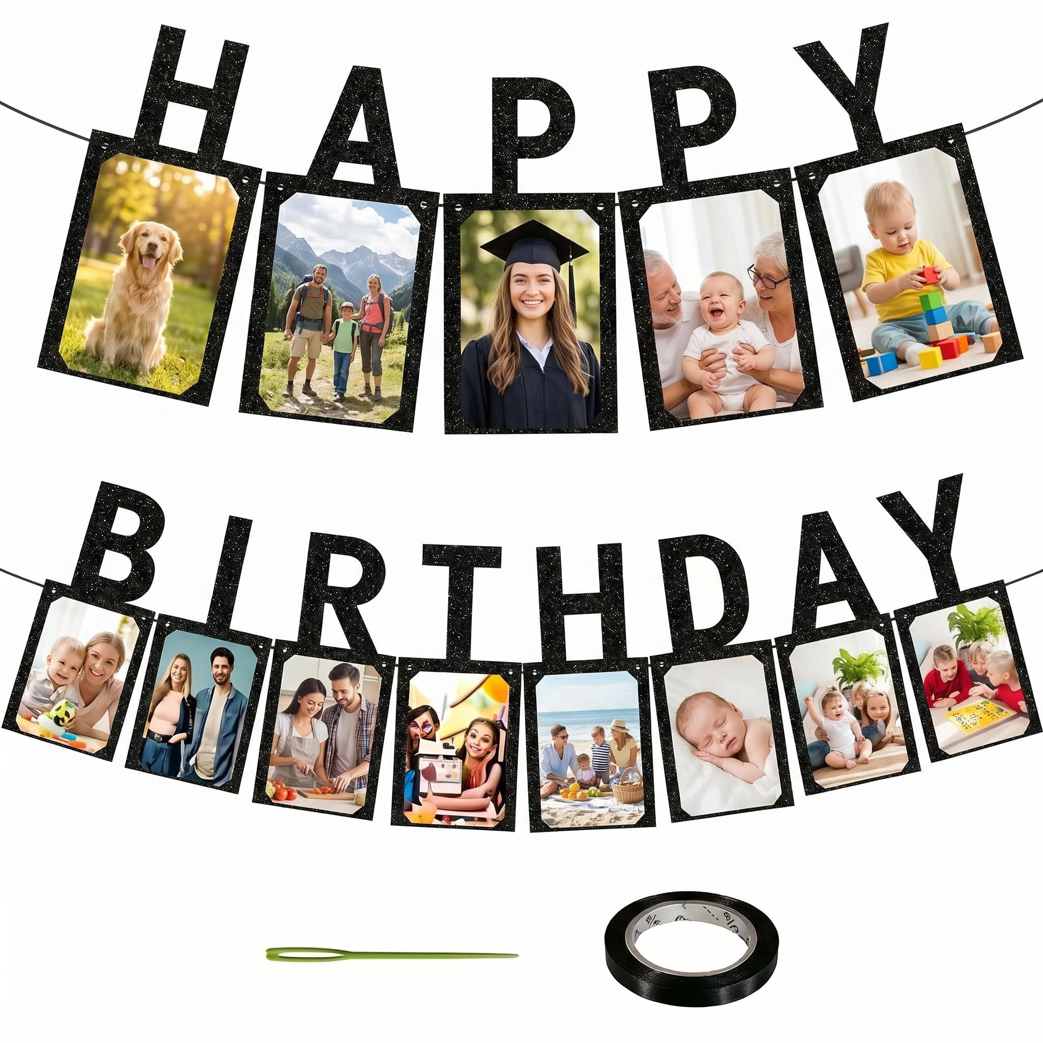 Satiskid 13 Pcs Happy Birthday Photo Banner, Kraft Paper DIY Photo Cards with Plastic Needle & Ribbon, 6.7x5.12 Inch Party Bunting for Birthday Decorations, Black