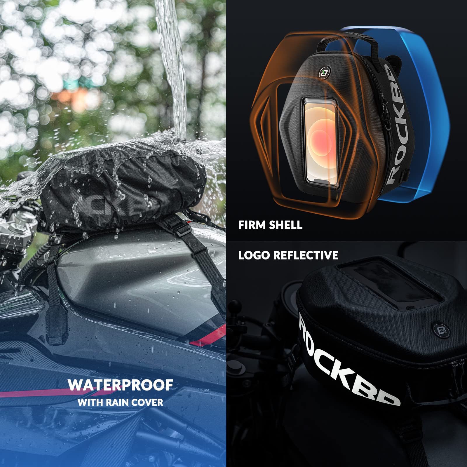 ROCKBROS Motorrad Tankrucksack Wasserdicht Touchscreen Motorradtasche mit Regenschutz, Motorrad Tanktasche Hartschale mit Abnehmbaren Schultergurten Reflektierende Aufbewahrungstasche, ca.7L Schwarz