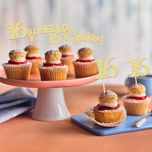 Miniatura 69 de Gyufise 24 piezas de adornos dorados para cupcakes de 10.º cumpleaños con purpurina dorada de doble dígito Hello 10 Ten Cupcake Picks para fiesta