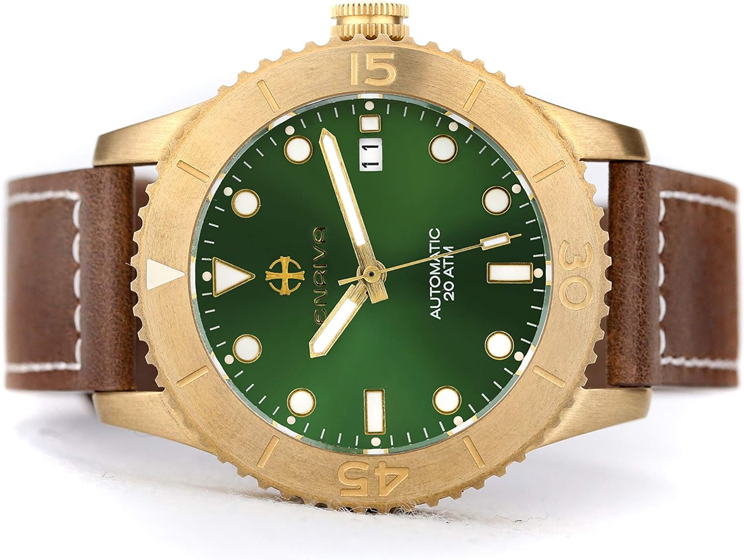 ENRIVA Mens 200m Water Resistant Bronze Pro Driver Wathces Self Wind Military Watches for Men Dive Wristwatch,Diving Watches for Men with Japanese NH35 Automatic Movement,Super Luminous,Leather Strap