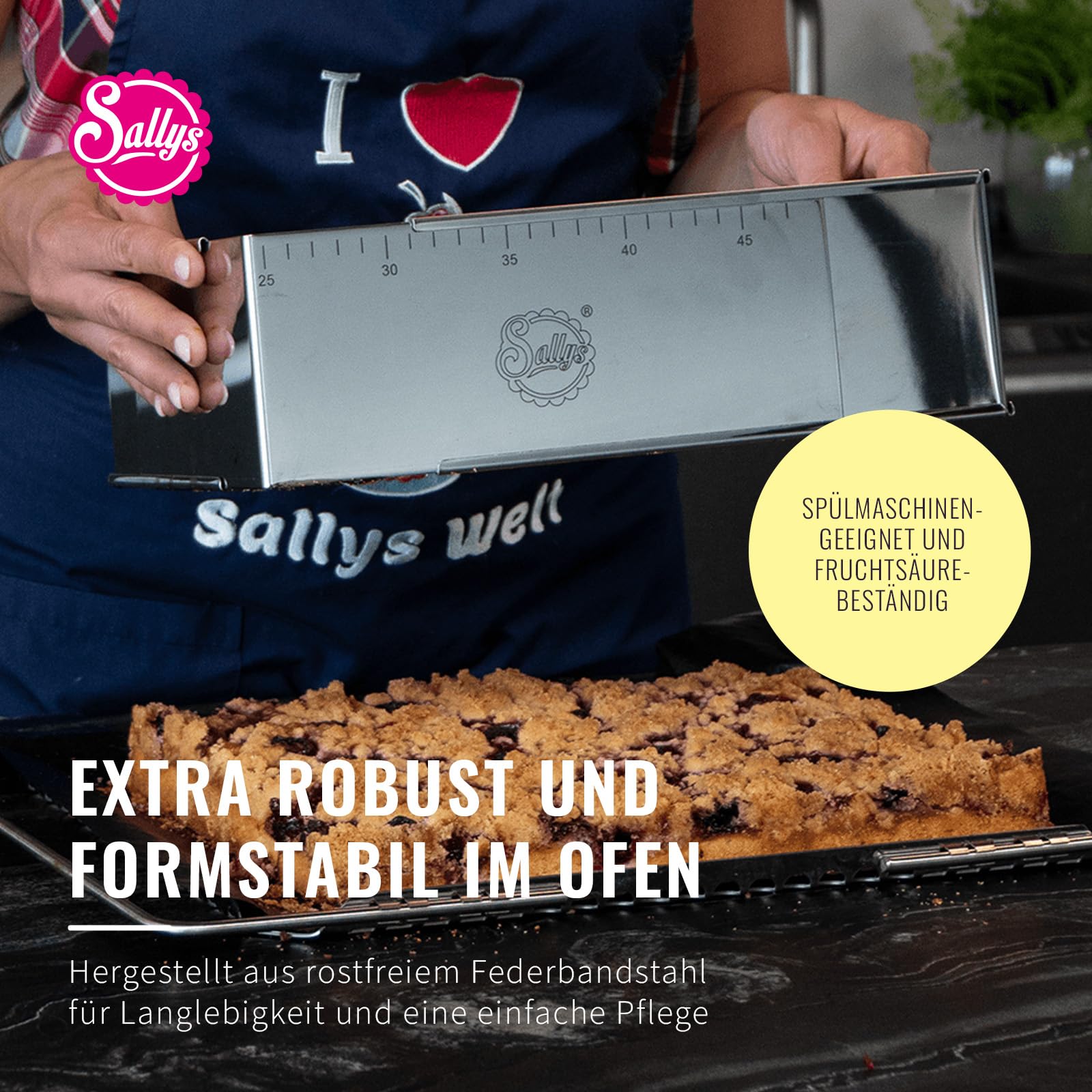 Sallys Backrahmen - Verstellbare Größe von 24x19cm bis 32x46cm - 10cm hoch - Eckige Backform aus Rostfreiem Federbandstahl - mit Skalierung - Spülmaschinenfest