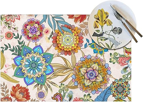 Miniatura 5 de Juego de 4 manteles individuales florales bohemios de lino de 12 x 18 pulgadas, manteles individuales de flores coloridas para cocina, mesa de